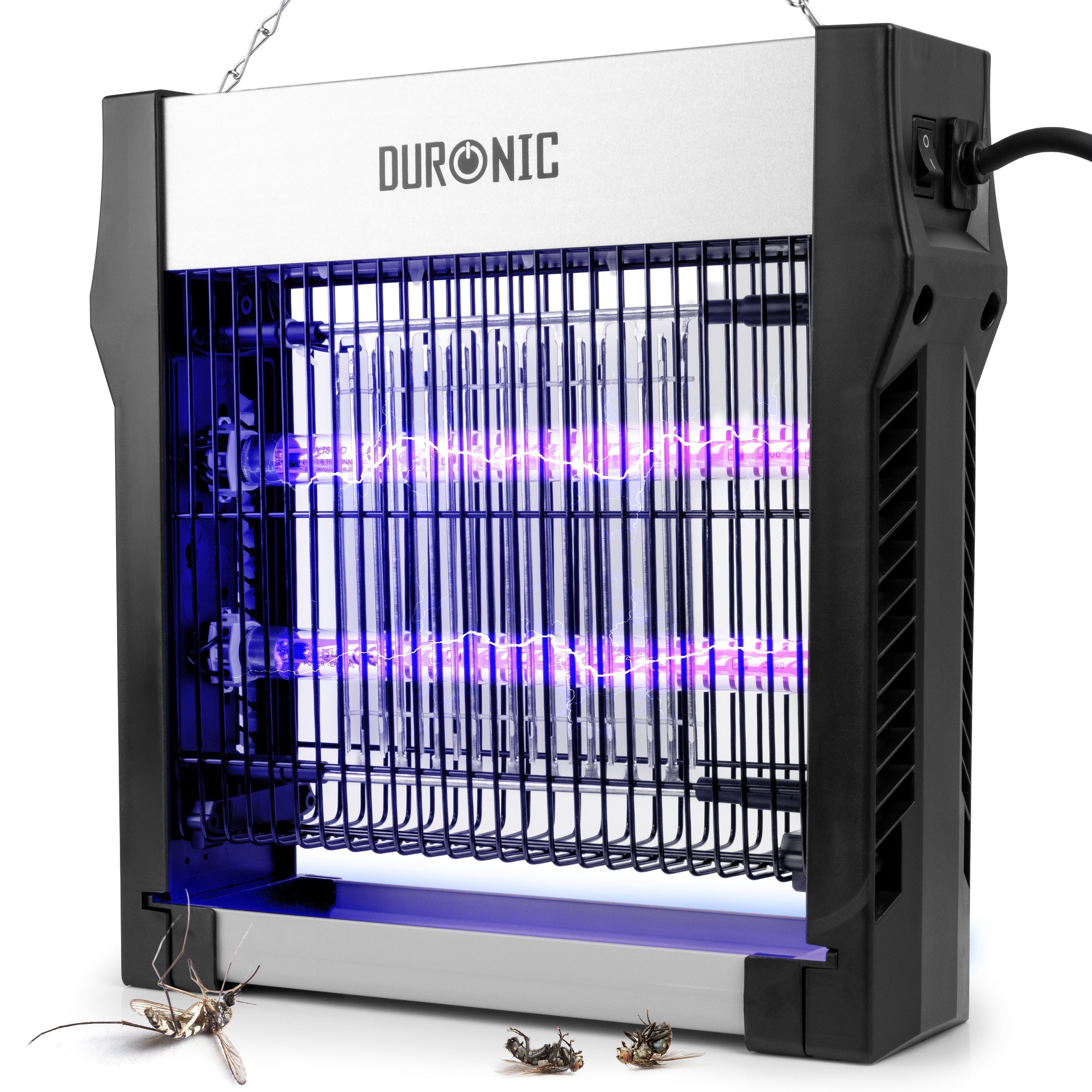 Duronic FK2X4 electric fly killer shown in use with zapped insects as an example