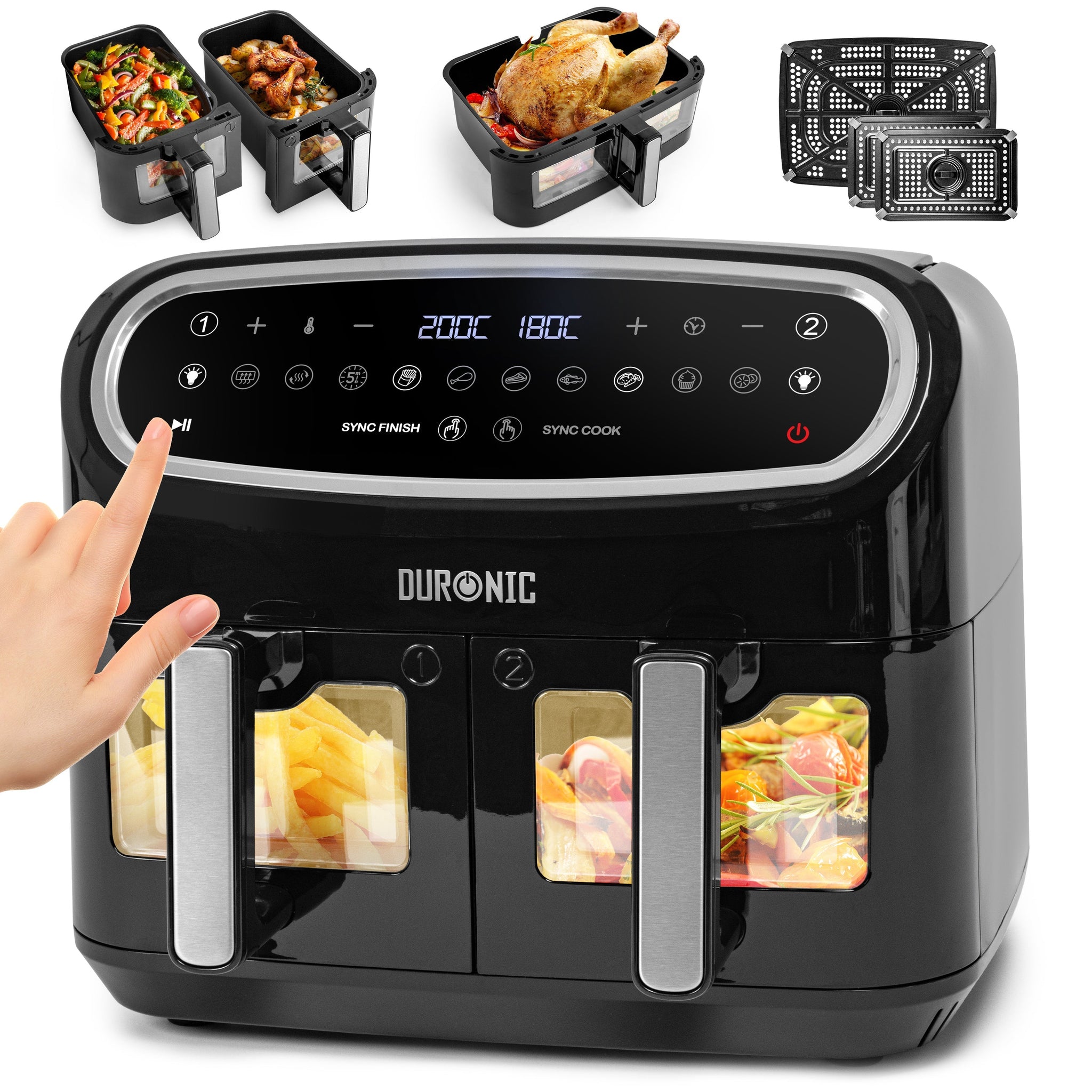 Duronic AF34 BK Dual Air Fryer Cooking Chicken, Fries, Vegetables