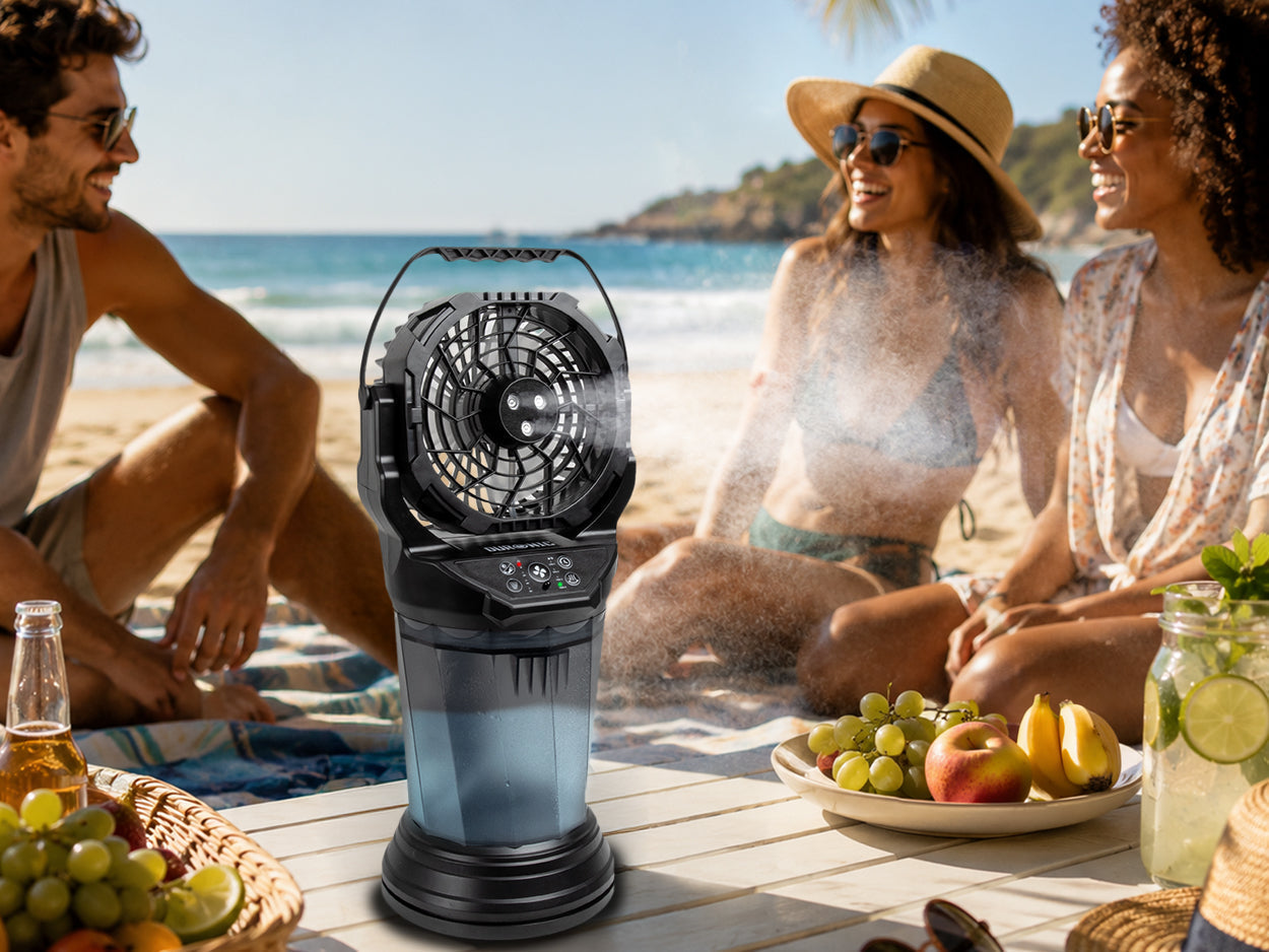 Duronic FM6 mist fan cooling friends on a hot summer day at the beach