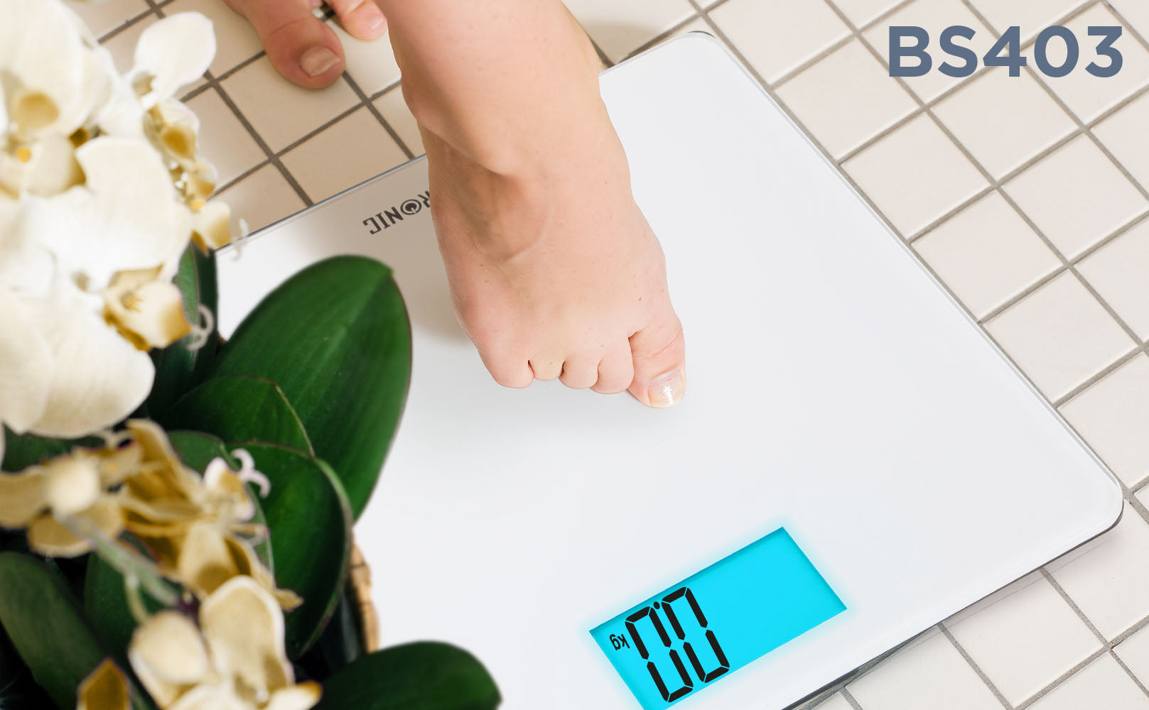 Duronic BS403 digital weighing scale preparing to measure weight on bathroom tile floor