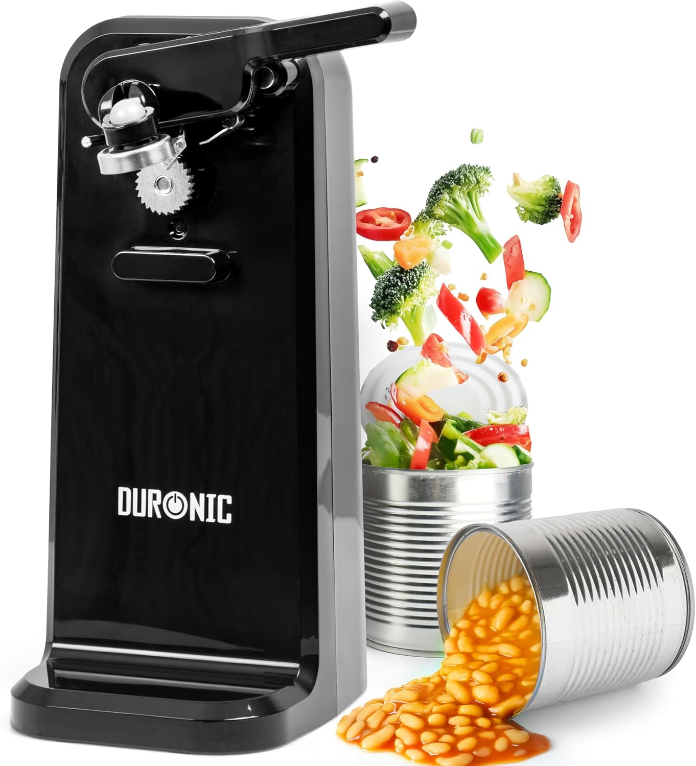 Duronic CO40 BK electric can opener alongside can of beans and vegetables