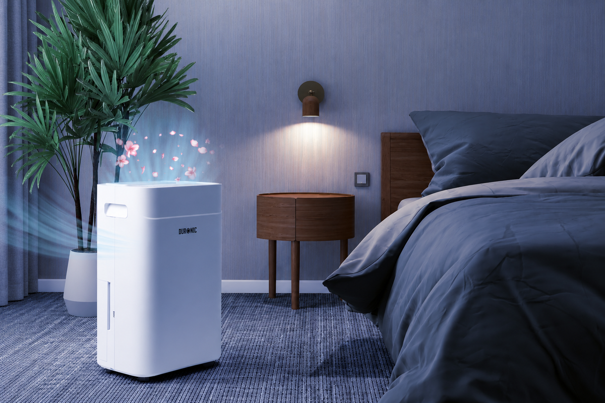 Duronic DH201 dehumidifier placed in use in an aesthetic bedroom setting
