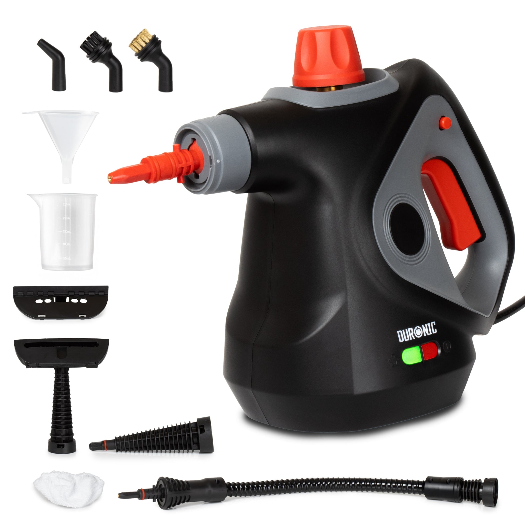 Duronic SC32 BK handheld steam cleaner overview with eleven attachments shown