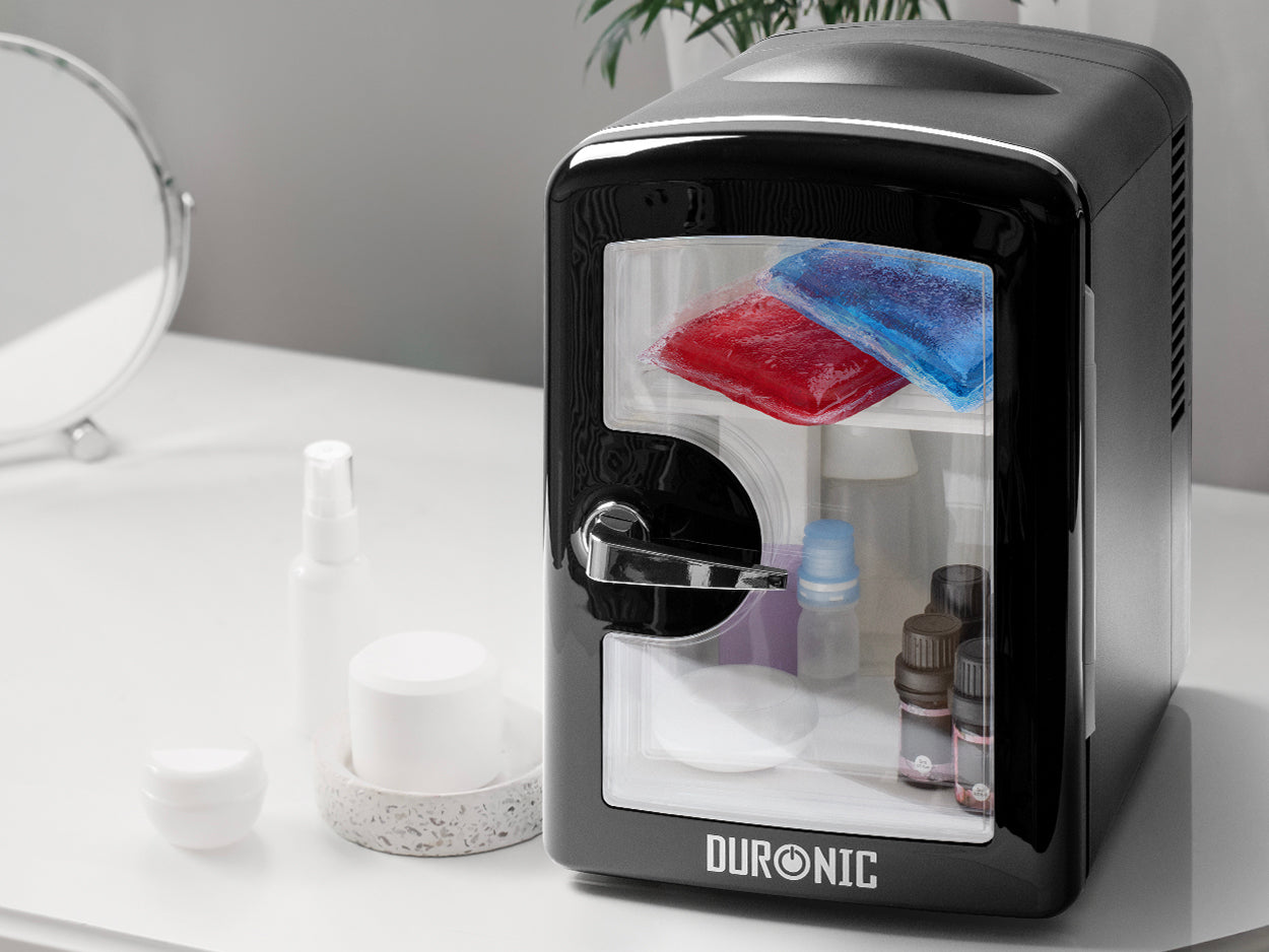 Duronic MFW4 mini fridge with selfcare products including eye masks and heat packs