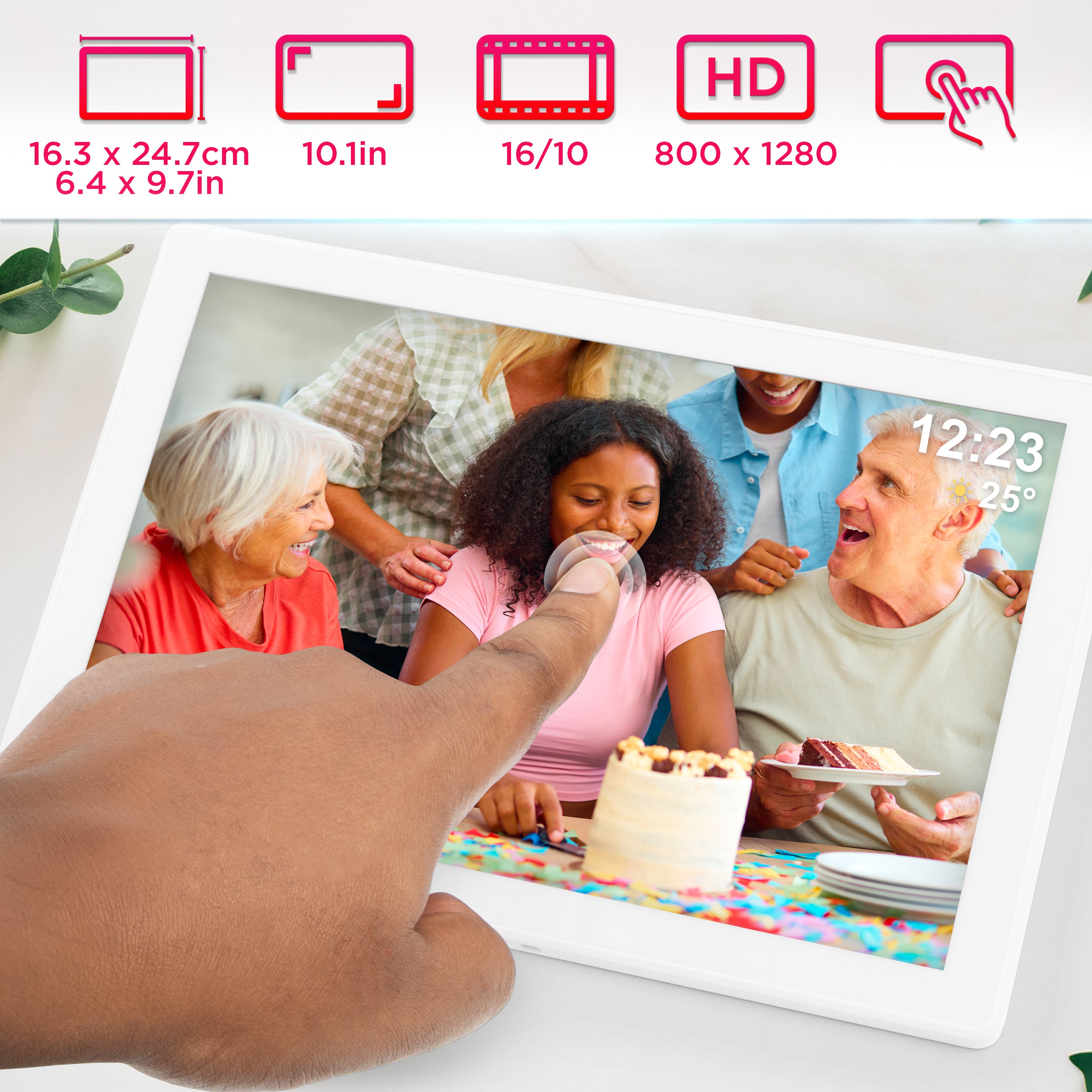 Duronic Digital Photo Frame PF1D WE Frameo 10.1” Electronic Photo Album 800x1200 WiFi Photoframe Tablet with Phone App Touchscreen Video Player Picture Frame for Birthday Engagement Gifts Family White