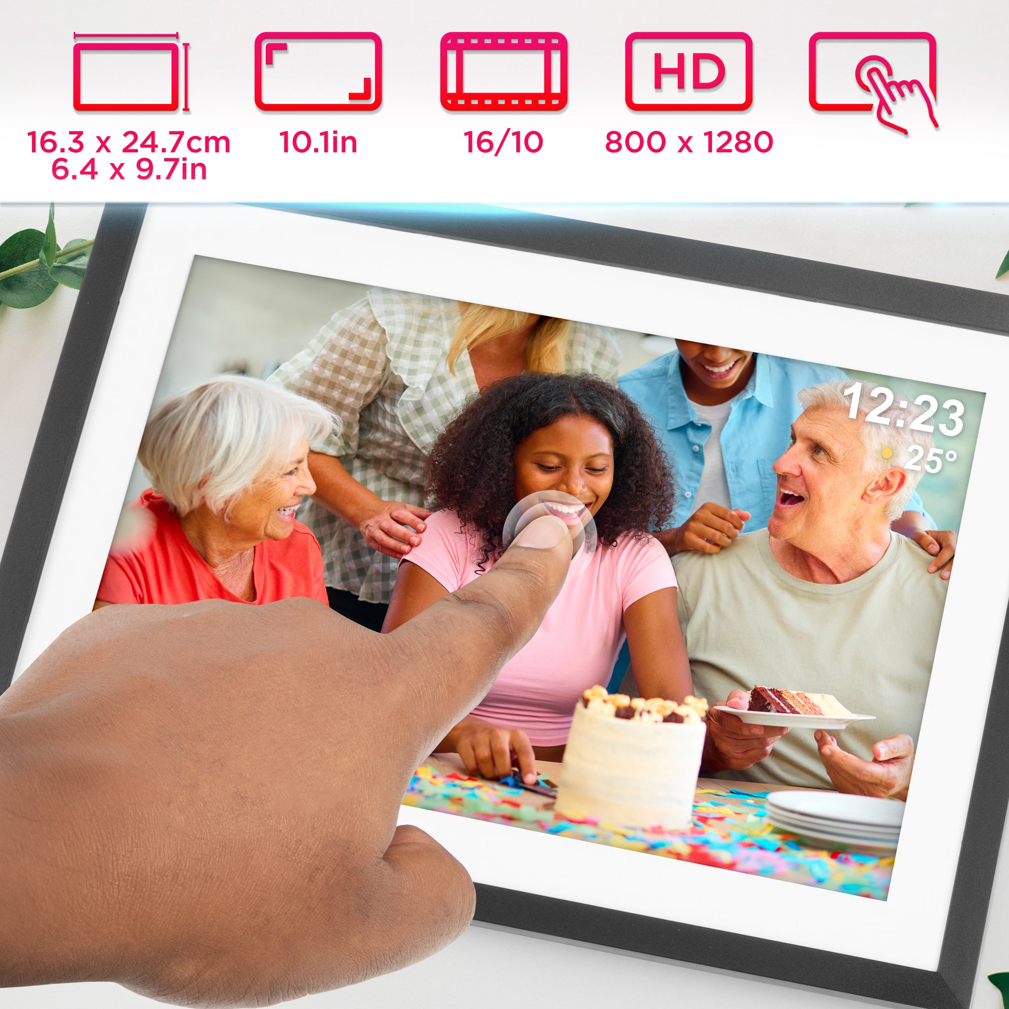 Duronic Digital Photo Frame PF2A BK Frameo 10.1” Electronic Photo Album 800x1200 WiFi Photoframe with Phone App Touchscreen Video Player Black Picture Frame for Birthday Engagement Gifts Family