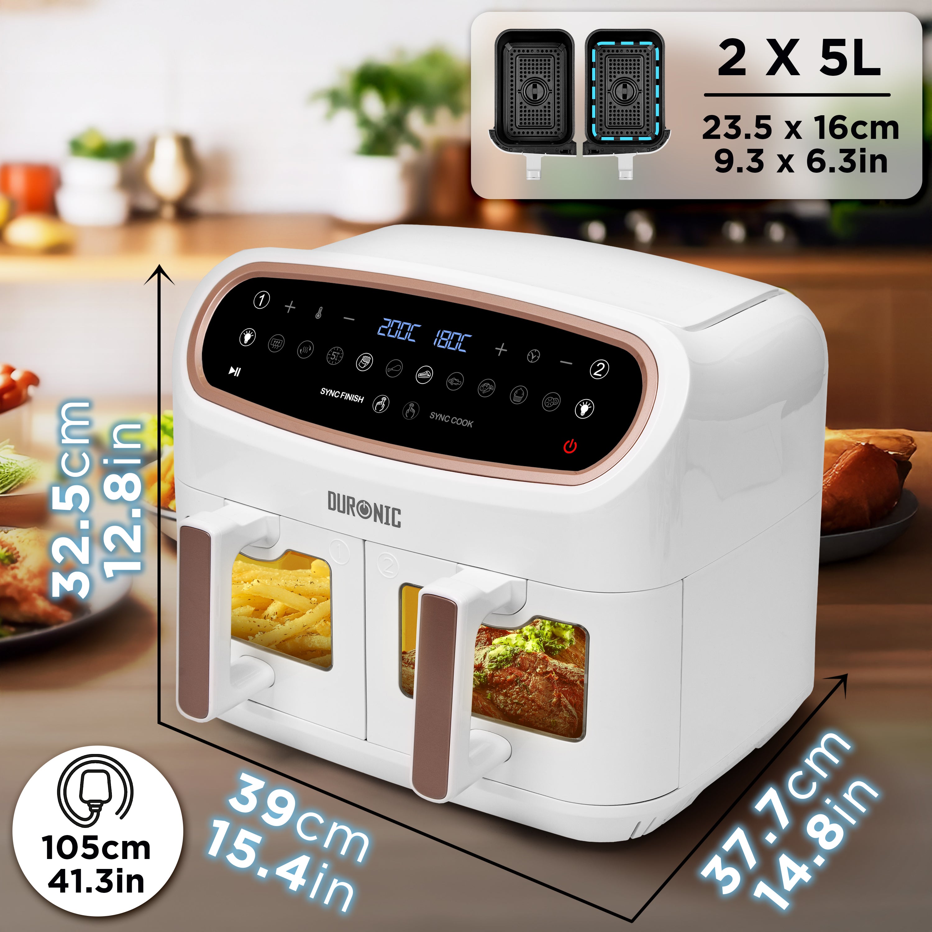 Duronic XXL Digital Air Fryer AF24 WE 10L Family Size Air Fryers Double Drawer 10in1 Dual Zone Extra Large AirFryer with window for Cooking with Dishwasher Safe Non-Stick Basket White