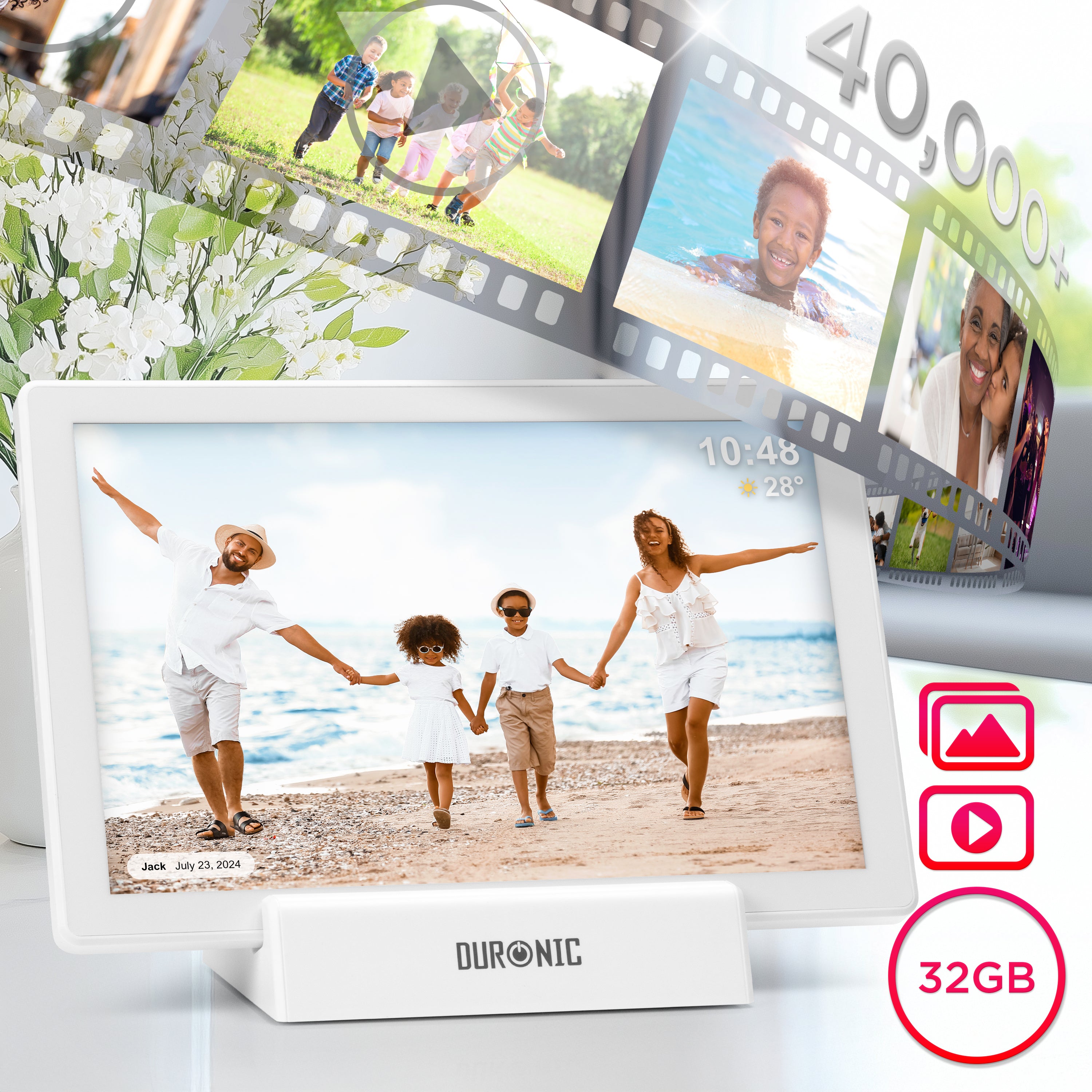 Duronic Digital Photo Frame PF1D WE Frameo 10.1” Electronic Photo Album 800x1200 WiFi Photoframe Tablet with Phone App Touchscreen Video Player Picture Frame for Birthday Engagement Gifts Family White