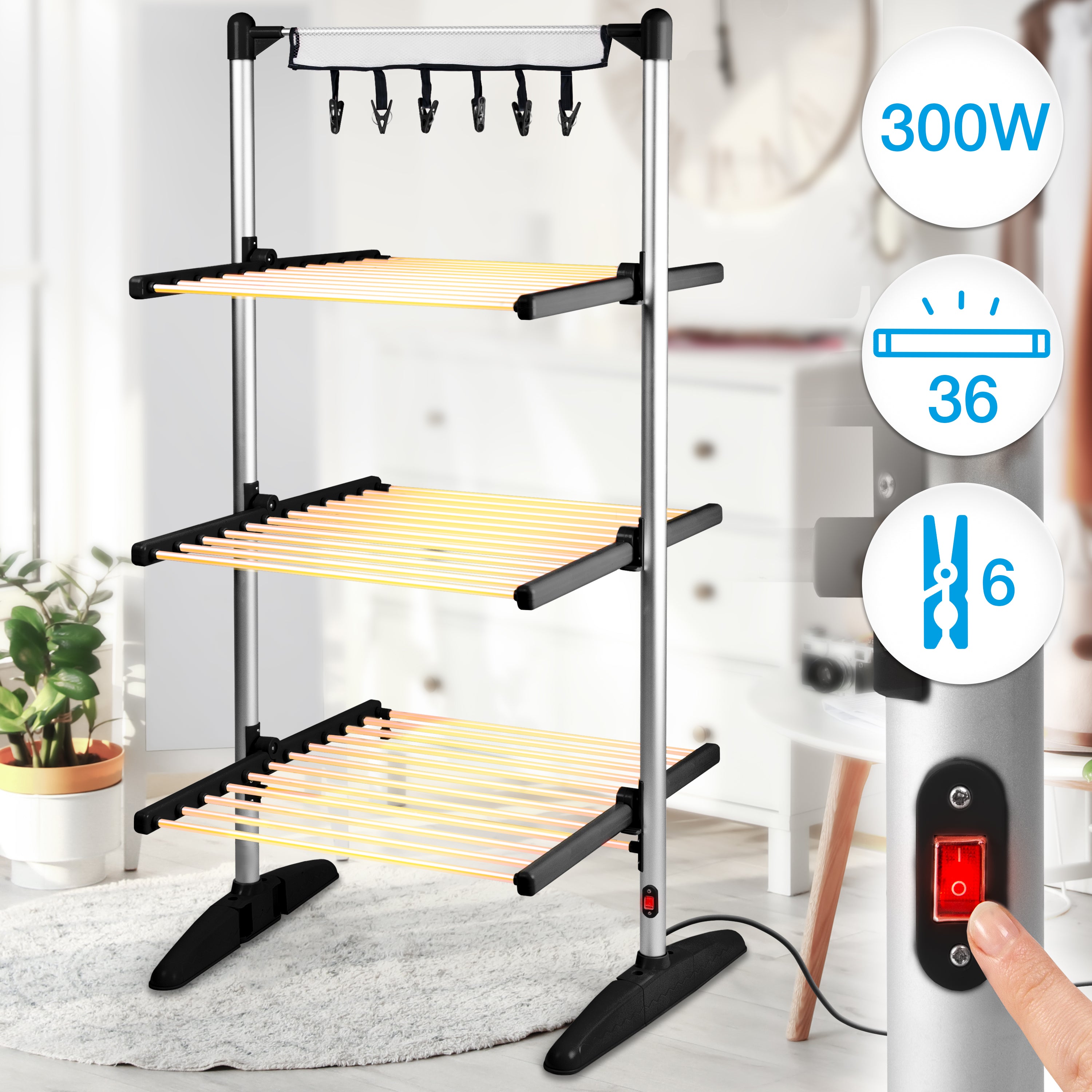 Duronic CA30 BK Electric Clothes Airer 3 Tier Heated Indoor Laundry Drying Rack with Washing Pegs 300W Foldable Sock Hanger Lightweight Garment Dryer Stand for Hats Gloves Small Spaces Home