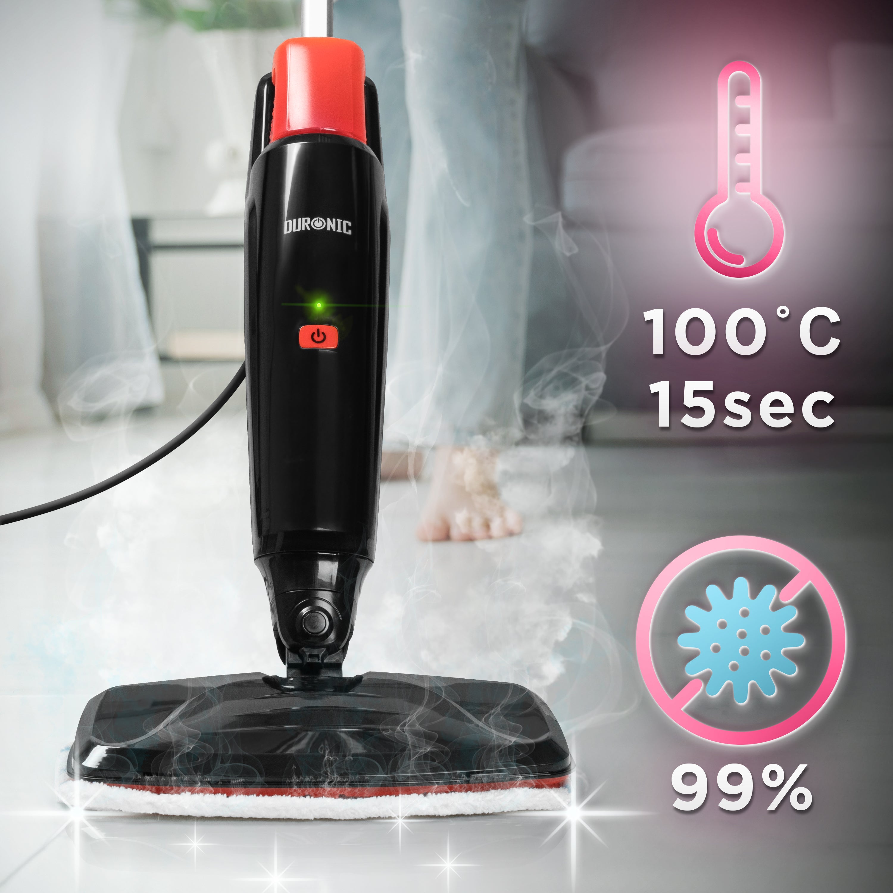 Duronic Electric Steam Mop STM15 BK 1500W Chemical Free Steamer Mops with 500ml Water Tank Automatic Upright Steam Cleaner Mop for Hard Floors Carpet Germ & Bacteria Removal Black