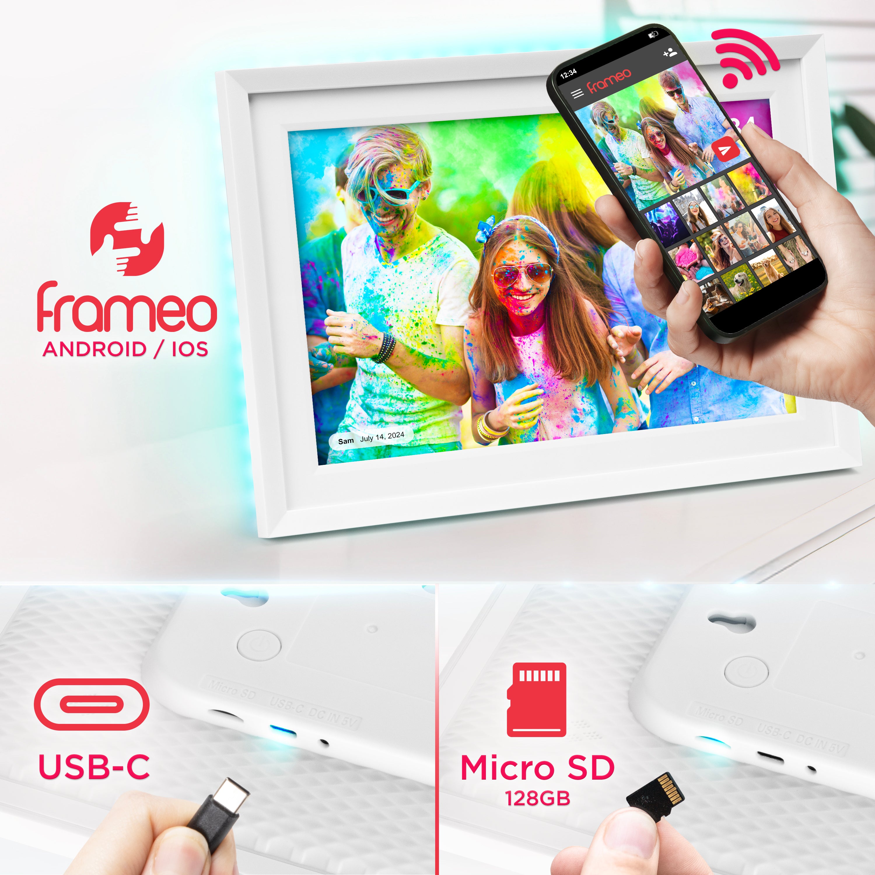 Duronic Digital Photo Frame PF2A WE Frameo 10.1” Electronic Photo Album 800x1200 WiFi Photoframe with Phone App Touchscreen Video Player White Picture Frame for Birthday Engagement Gifts Family