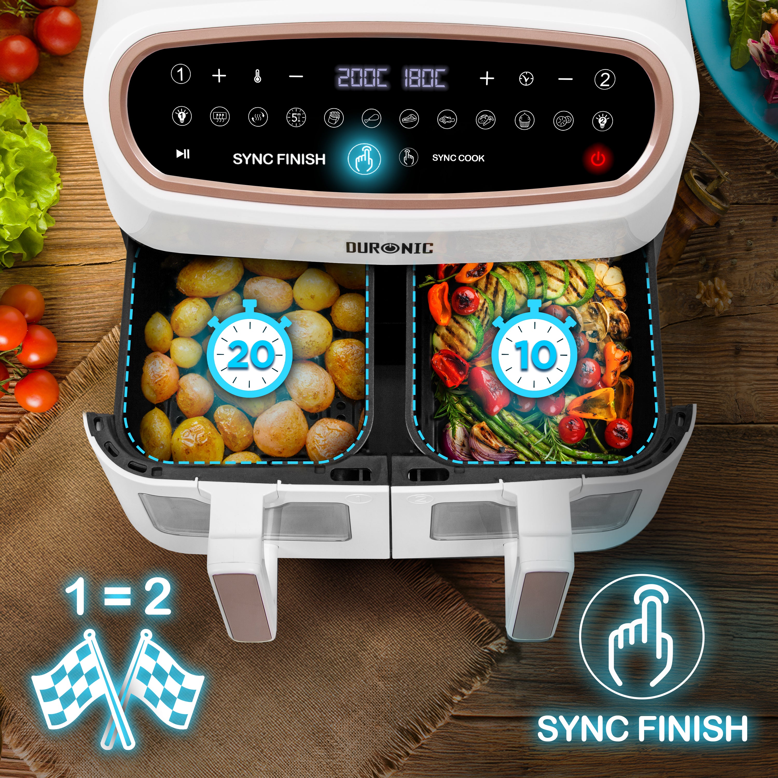 Duronic XXL Digital Air Fryer AF24 WE 10L Family Size Air Fryers Double Drawer 10in1 Dual Zone Extra Large AirFryer with window for Cooking with Dishwasher Safe Non-Stick Basket White