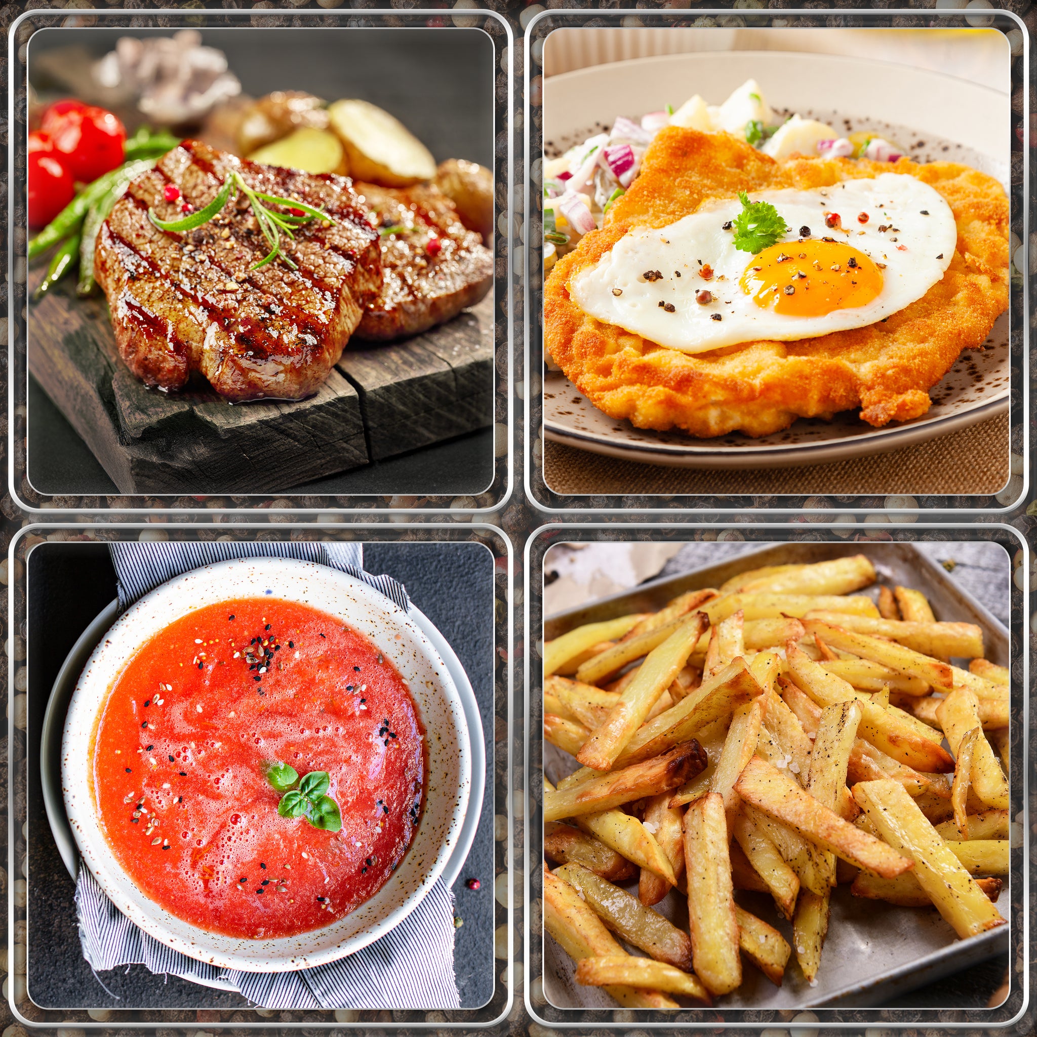 Collage of delicious dishes including grilled steak, schnitzel with egg, tomato soup, and crispy fries