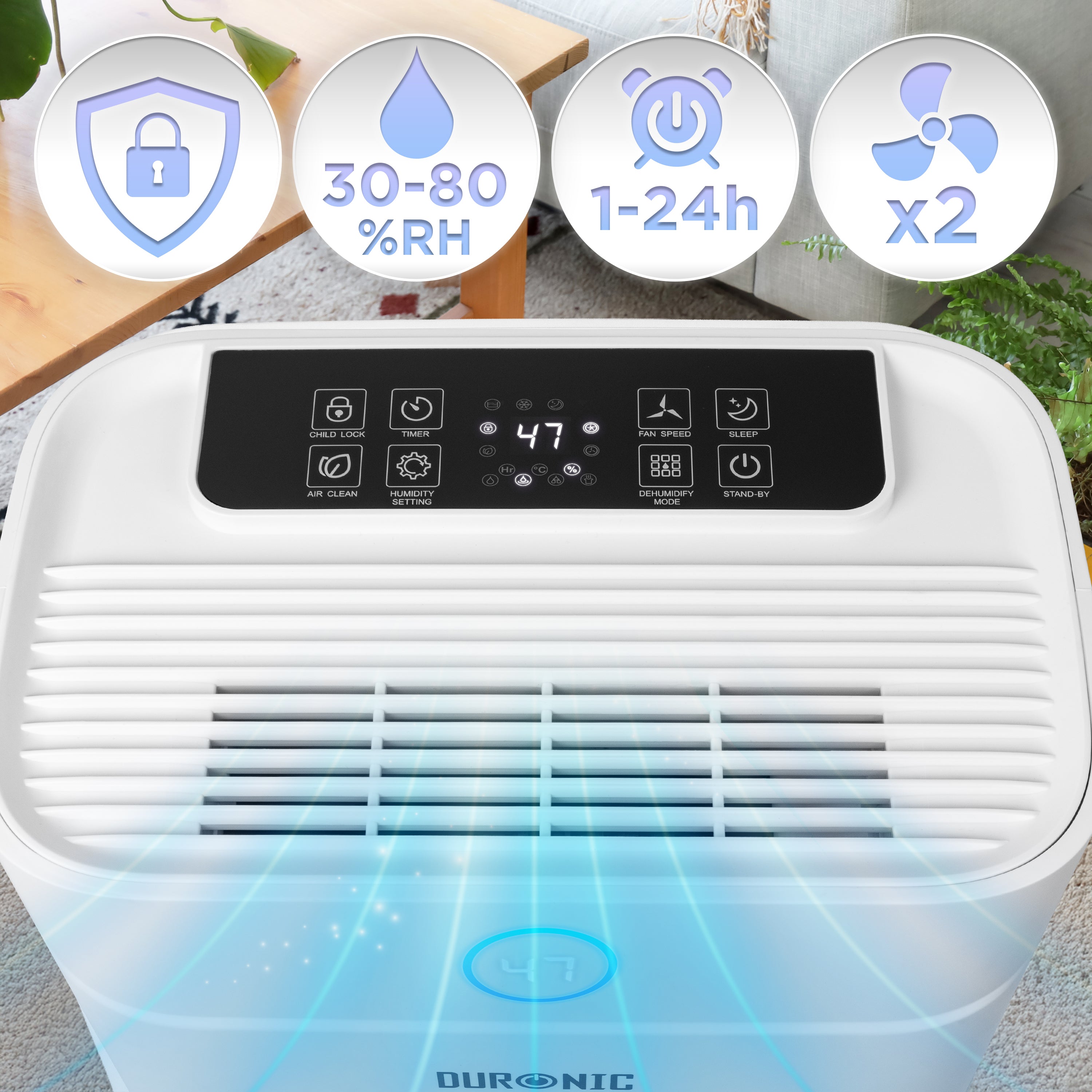 Duronic 20L Air Dehumidifier featuring digital touch controls, child lock, timer, humidity settings, and two fan speeds.