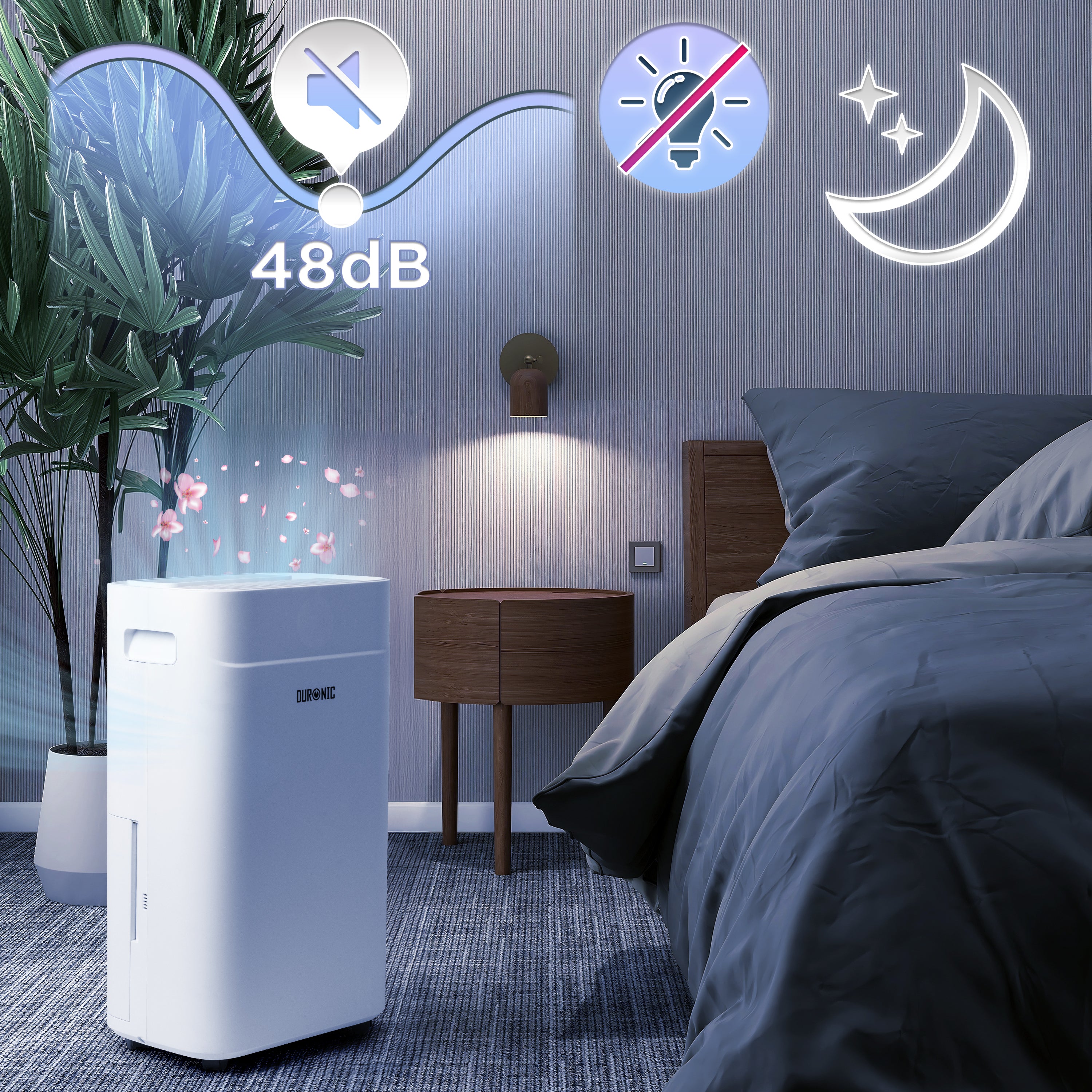 Duronic 20L Air Dehumidifier operating quietly at 48dB in a bedroom during night mode setting.