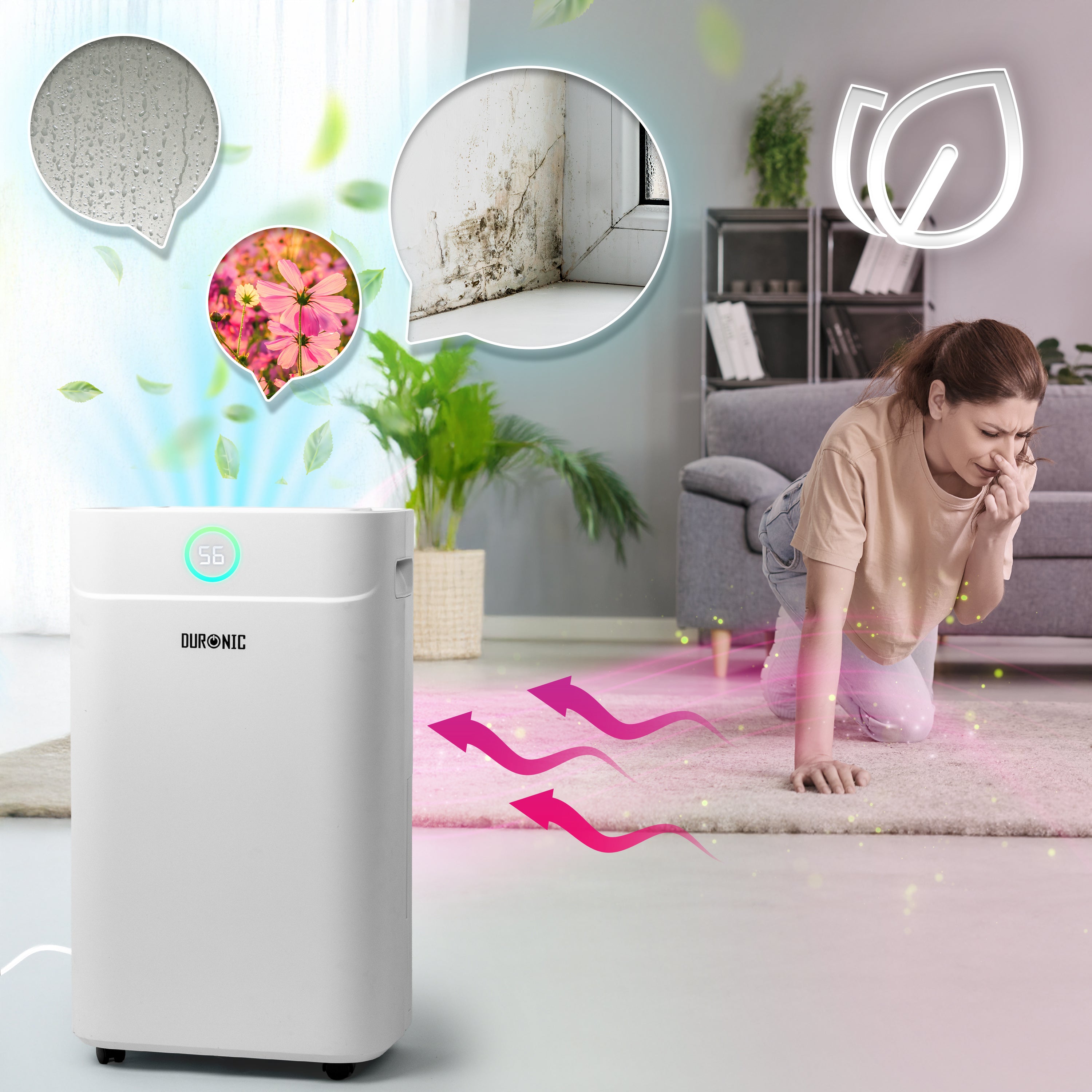 Duronic 20L Air Dehumidifier removing room moisture, mold, and bad odors to produce clean, fresh indoor air.