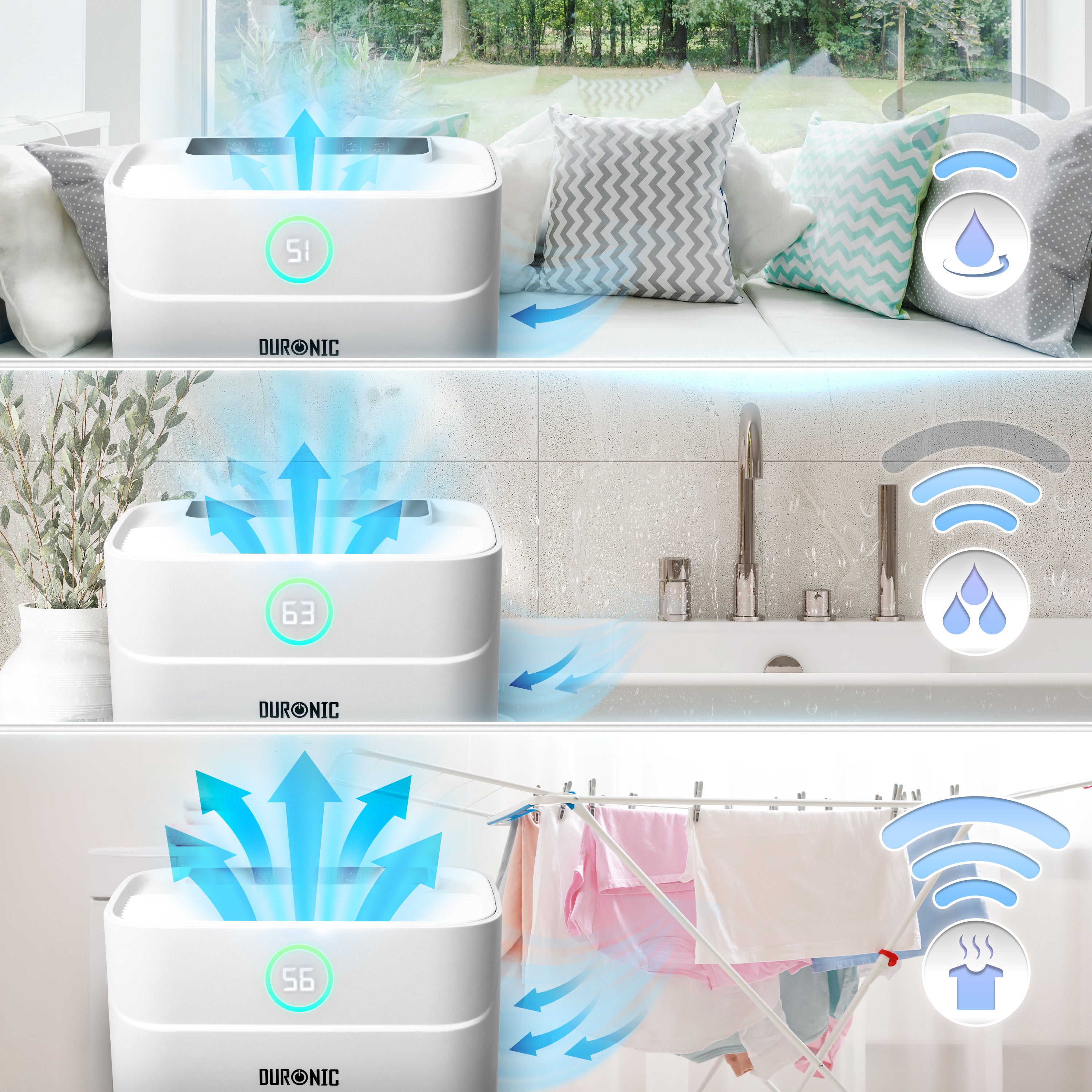 Duronic 20L Air Dehumidifier showing airflow performance in living room, kitchen, and laundry drying areas.