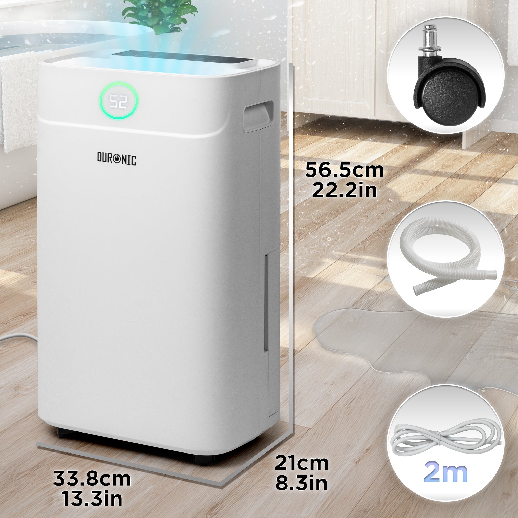 Duronic 20L Air Dehumidifier showing dimensions, digital display, caster wheel, drainage hose, and 2m power cable.