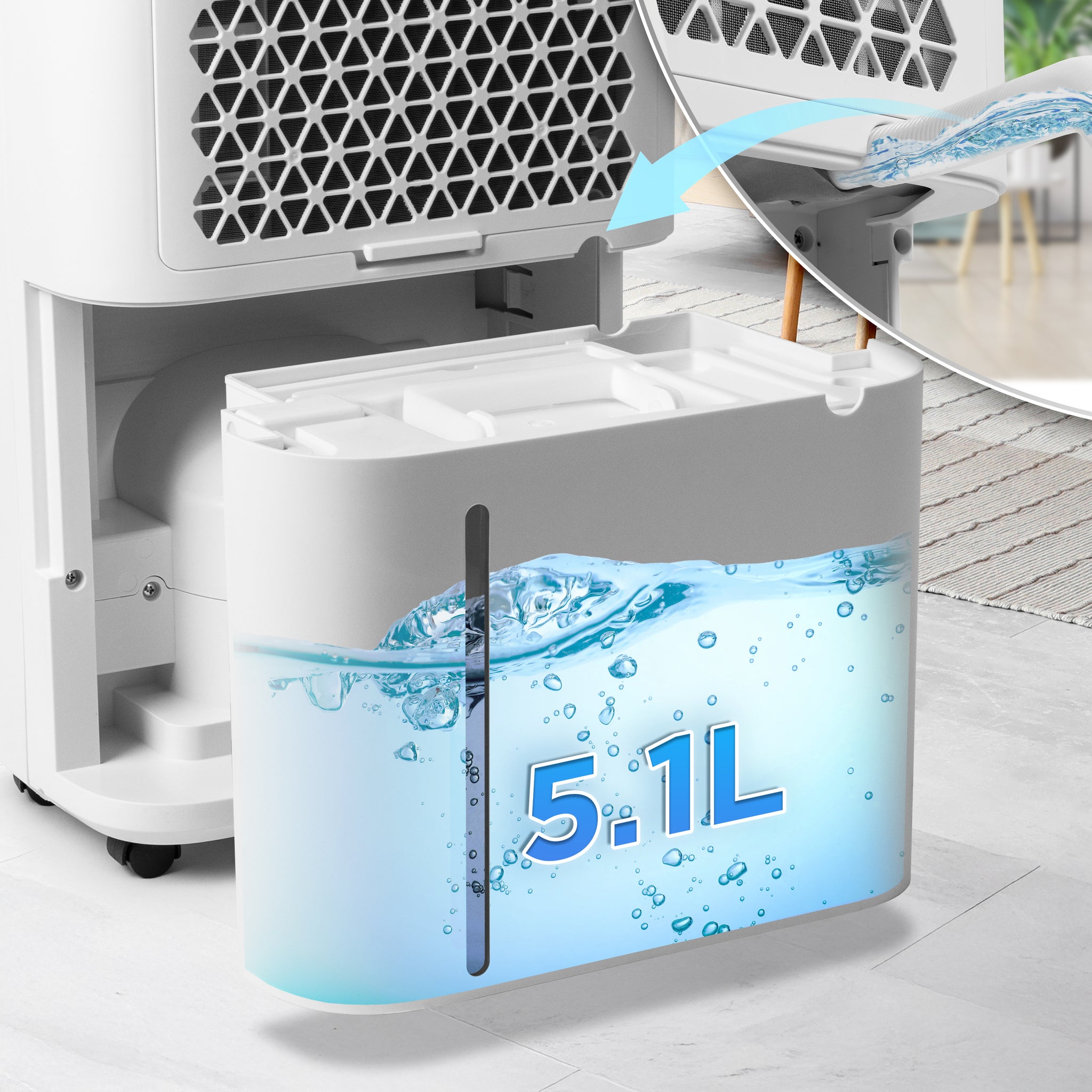 Duronic 20L Air Dehumidifier showing its removable 5.1L water tank with a visible water level indicator.