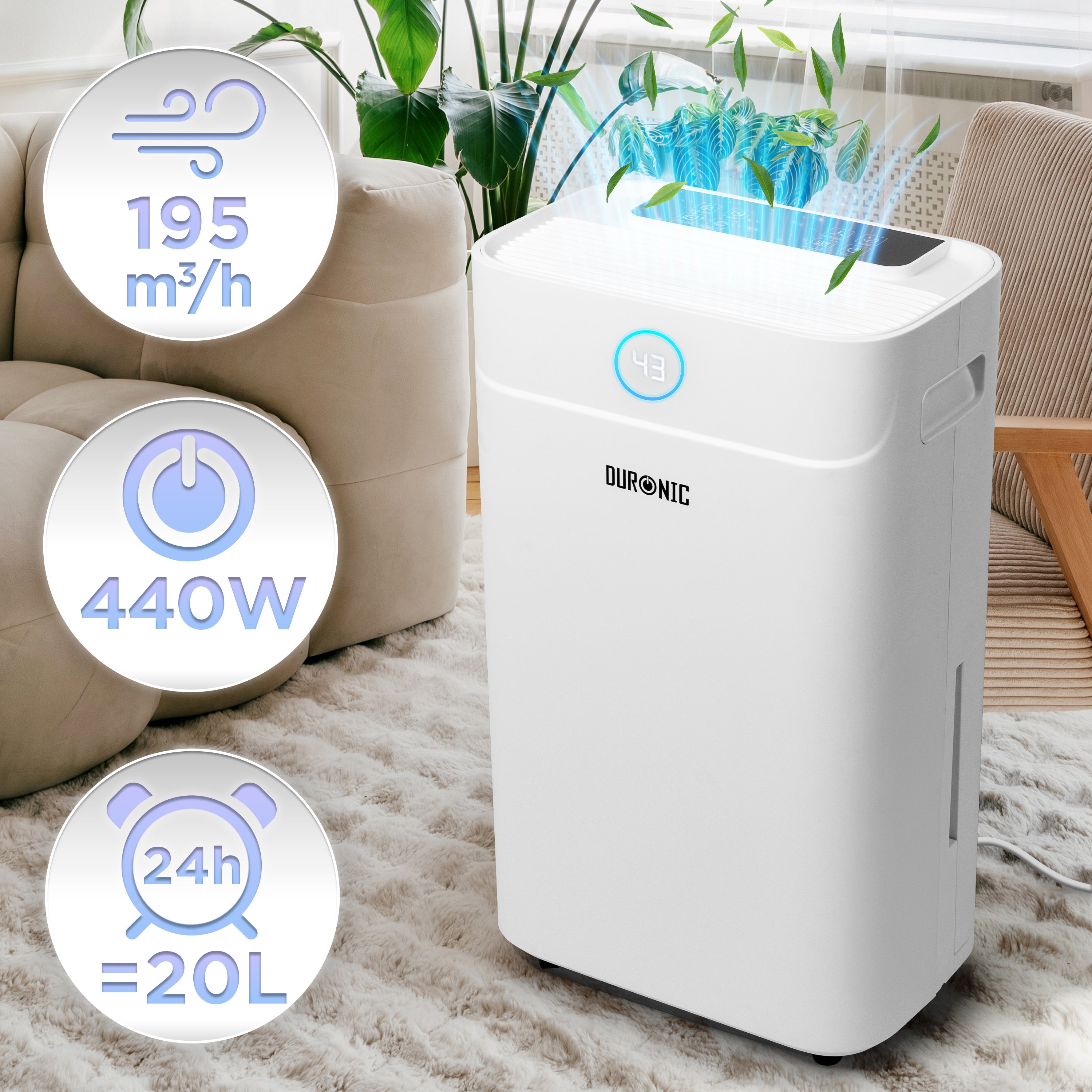 Duronic 20L Air Dehumidifier with 20L capacity and 195 m³/h airflow