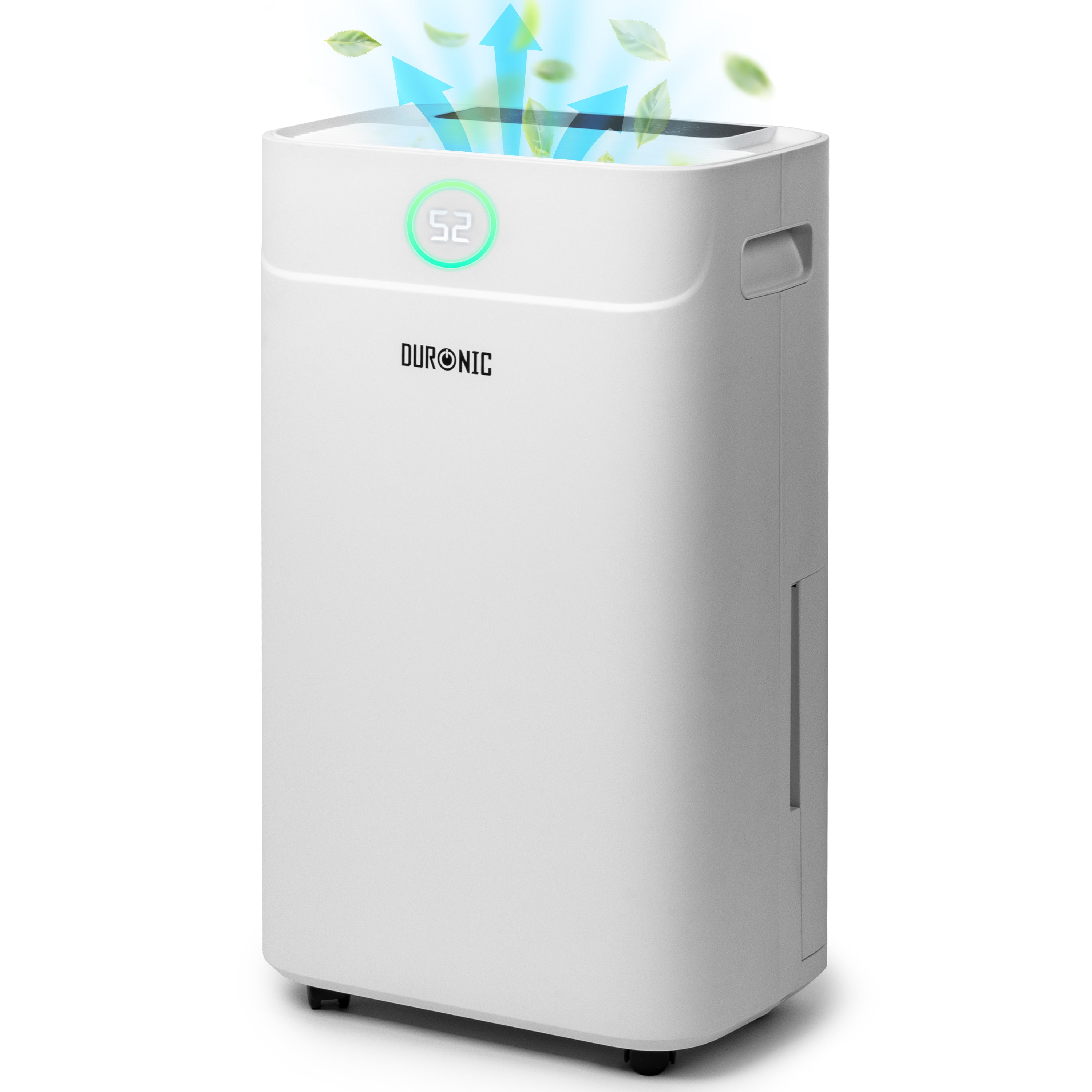 Duronic 20L Air Dehumidifier with a digital humidity display releasing clean, fresh air upwards.