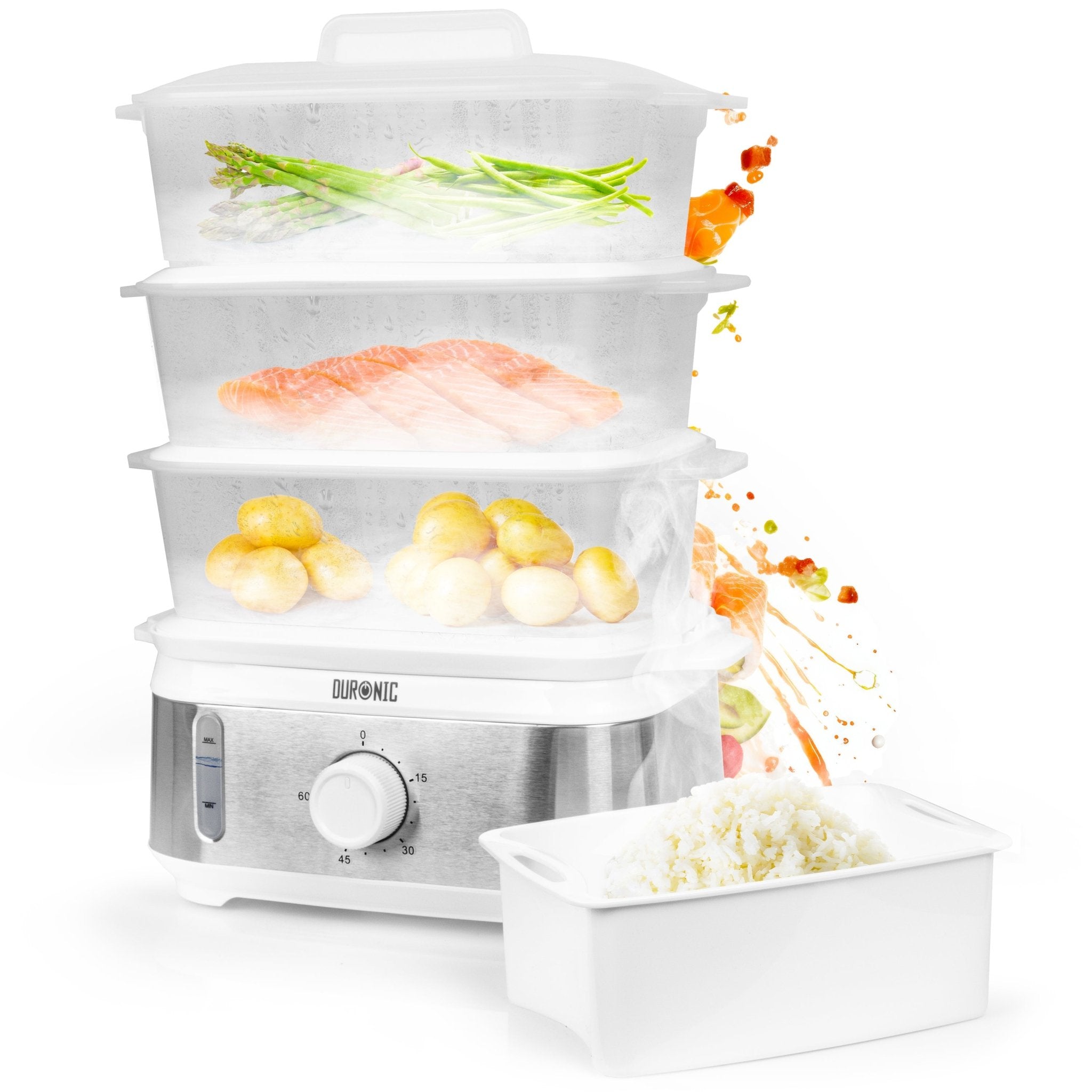 Duronic 3 Tier Food Steamer showcasing stacked baskets of asparagus, salmon, and potatoes alongside a separate white rice steaming bowl