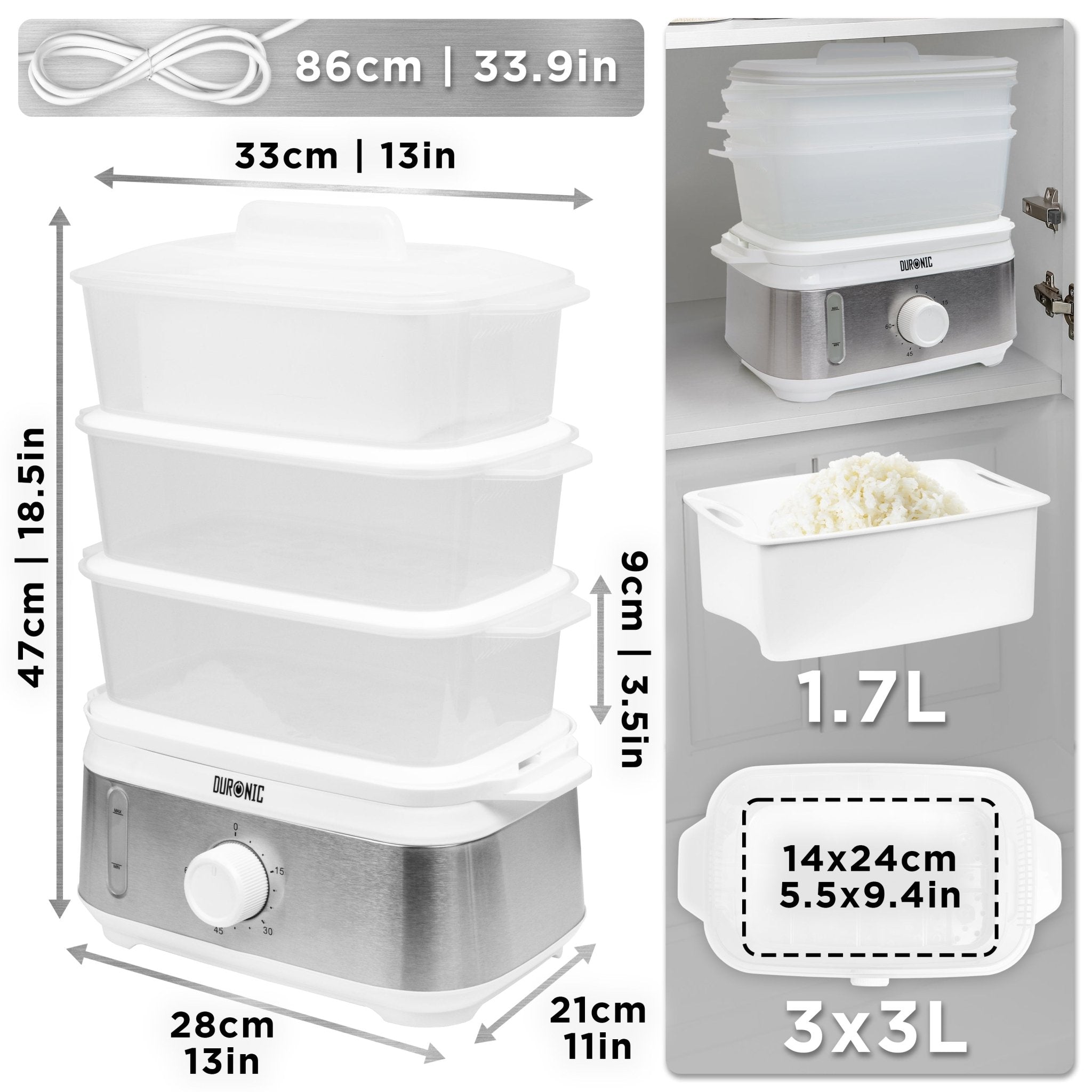 Duronic 3 Tier Food Steamer with dimension