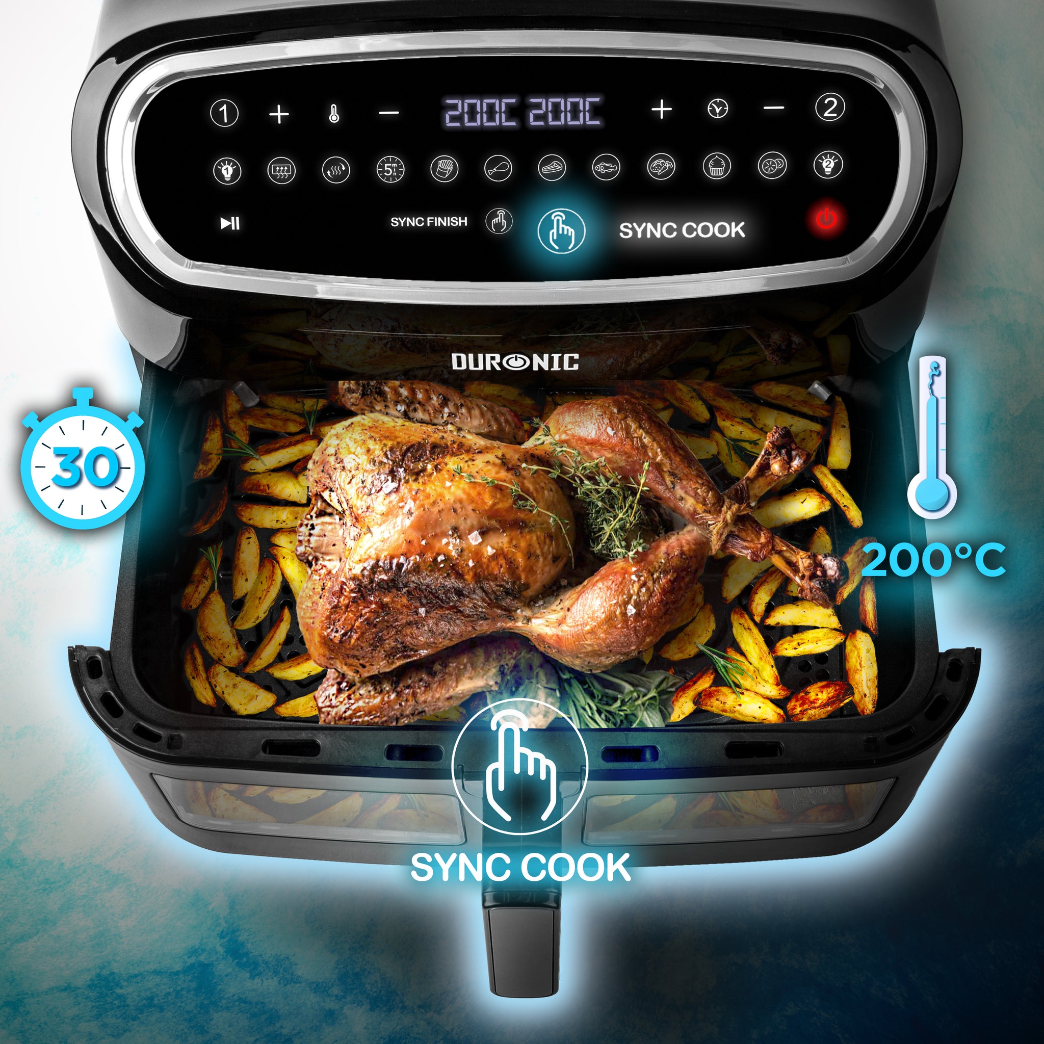 Duronic AF14 BK large air fryer drawer sync cooking roast chicken and potato wedges for 30 minutes at 200 degrees celsius