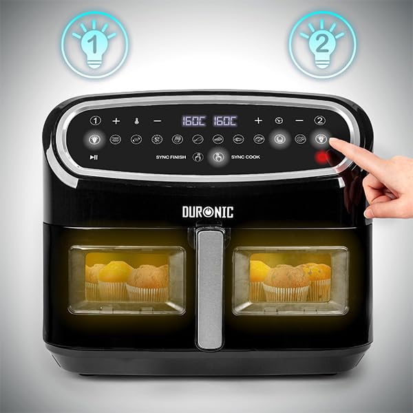 Duronic AF14 BK large air fryer with visual windows lighting up to see food cooking