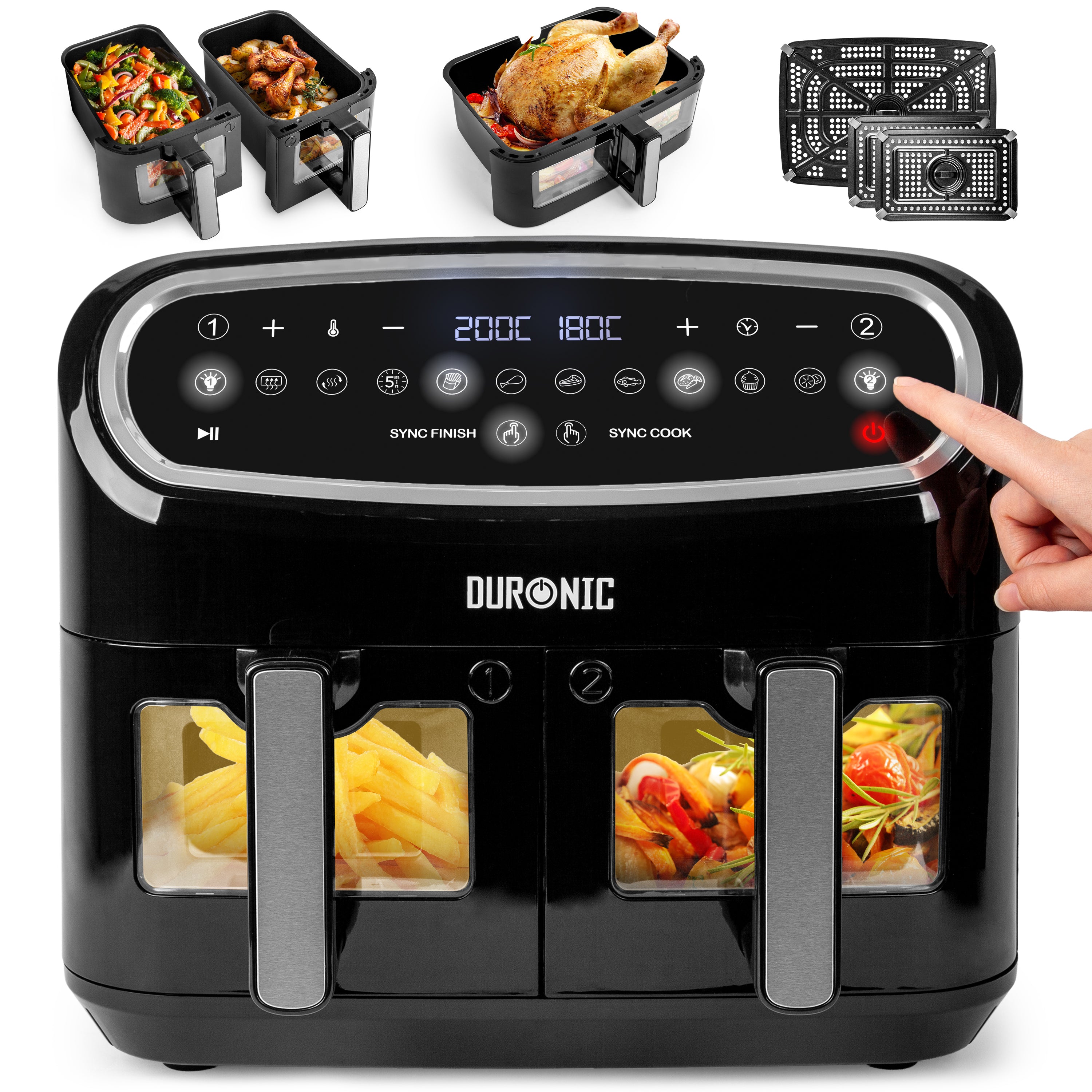 Duronic AF34 BK Dual Air Fryer Cooking Chicken, Fries, Vegetables