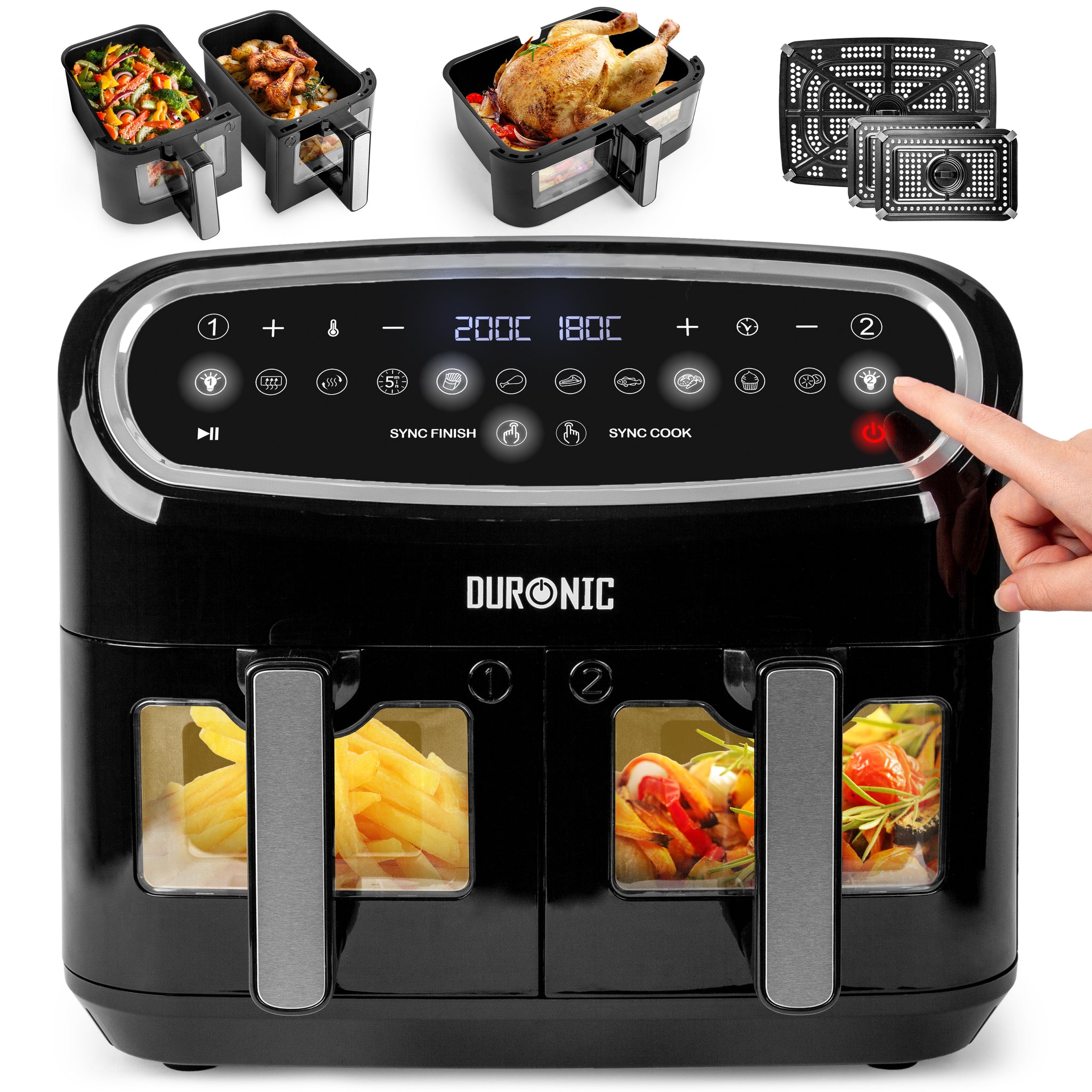 Duronic AF34 BK Dual Air Fryer Cooking Chicken, Fries, Vegetables