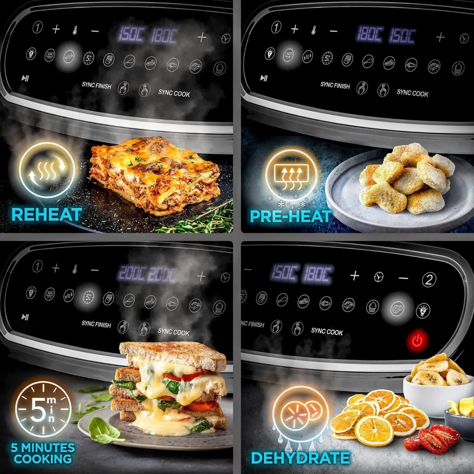 Duronic AF34 BK digital air fryer with reheat, preheat, quick cook, and dehydrate functions for lasagne, chicken nuggets, grilled sandwich, dried fruit