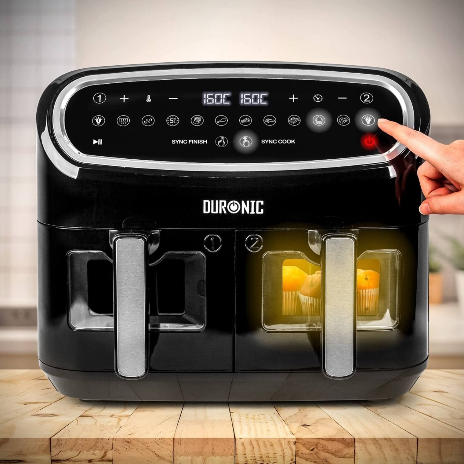 Duronic AF34 BK twin air fryer with visual windows and cooking light on