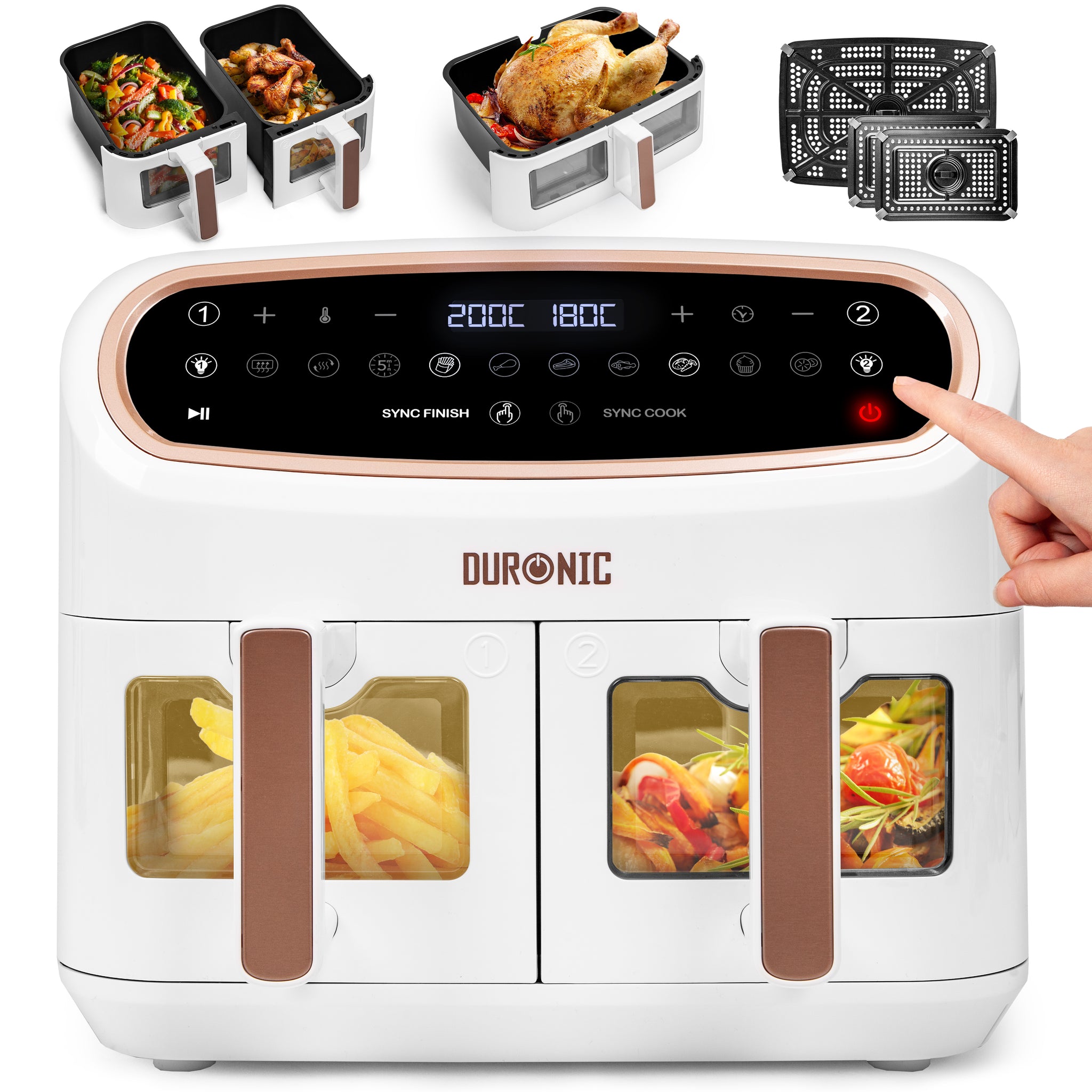 Duronic AF34 WE healthy white oil free air fryer with dual cooking zones fries roasted vegetables