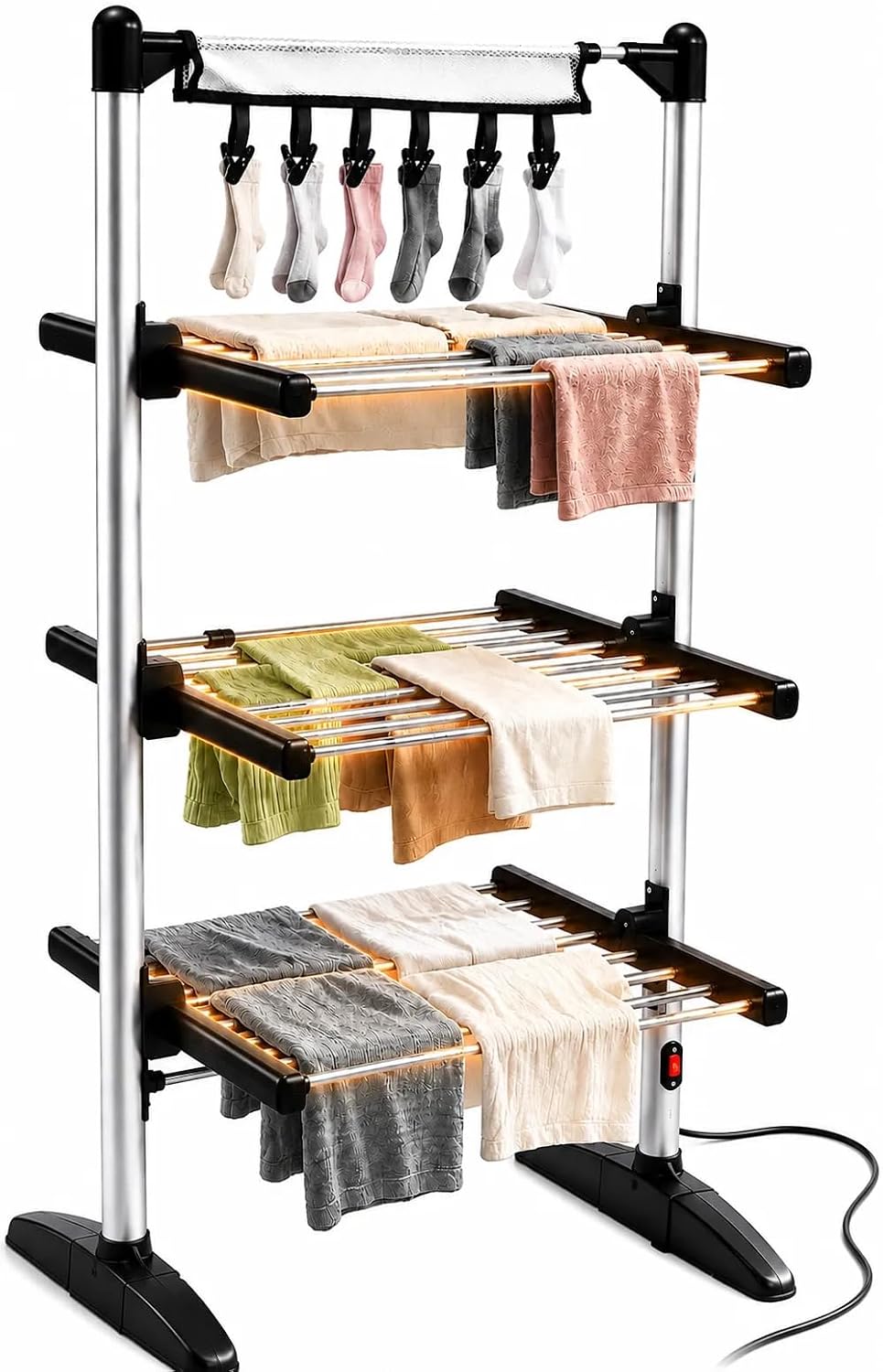 Duronic CA30 BK electric heated clothes drying rack with socks and towels shown being dried