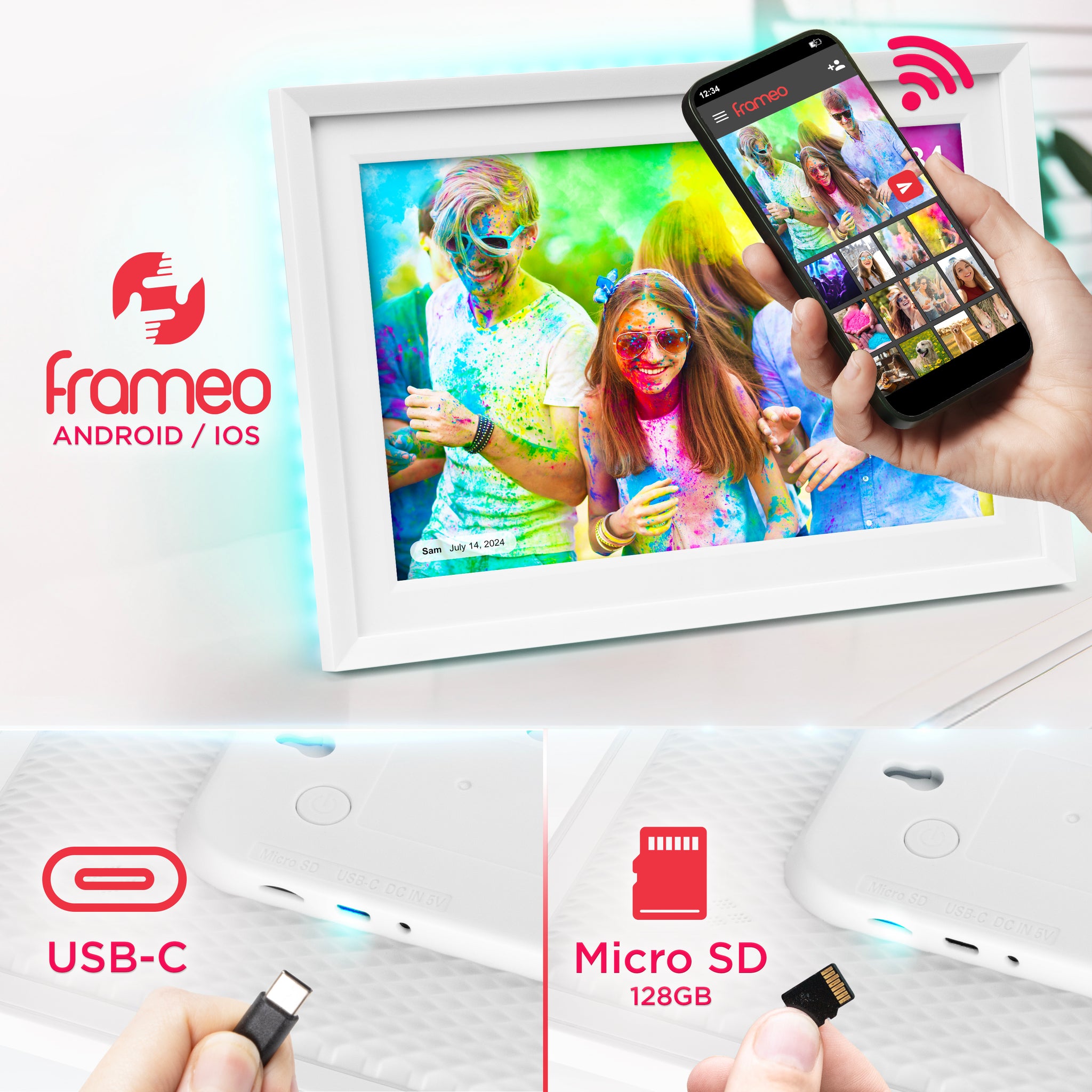Duronic Digital Photo Frame featuring a color-powder festival image, highlighting its USB-C charging port, 128GB Micro SD slot