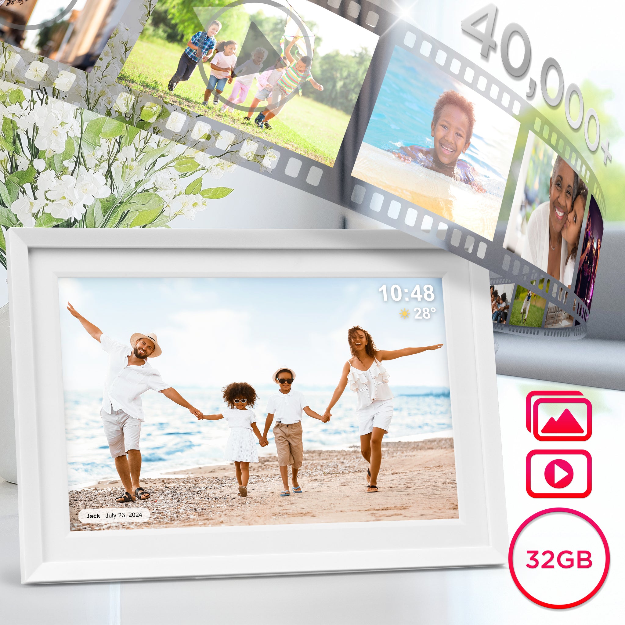Duronic Digital Photo Frame with 32GB storage, featuring a high-resolution display