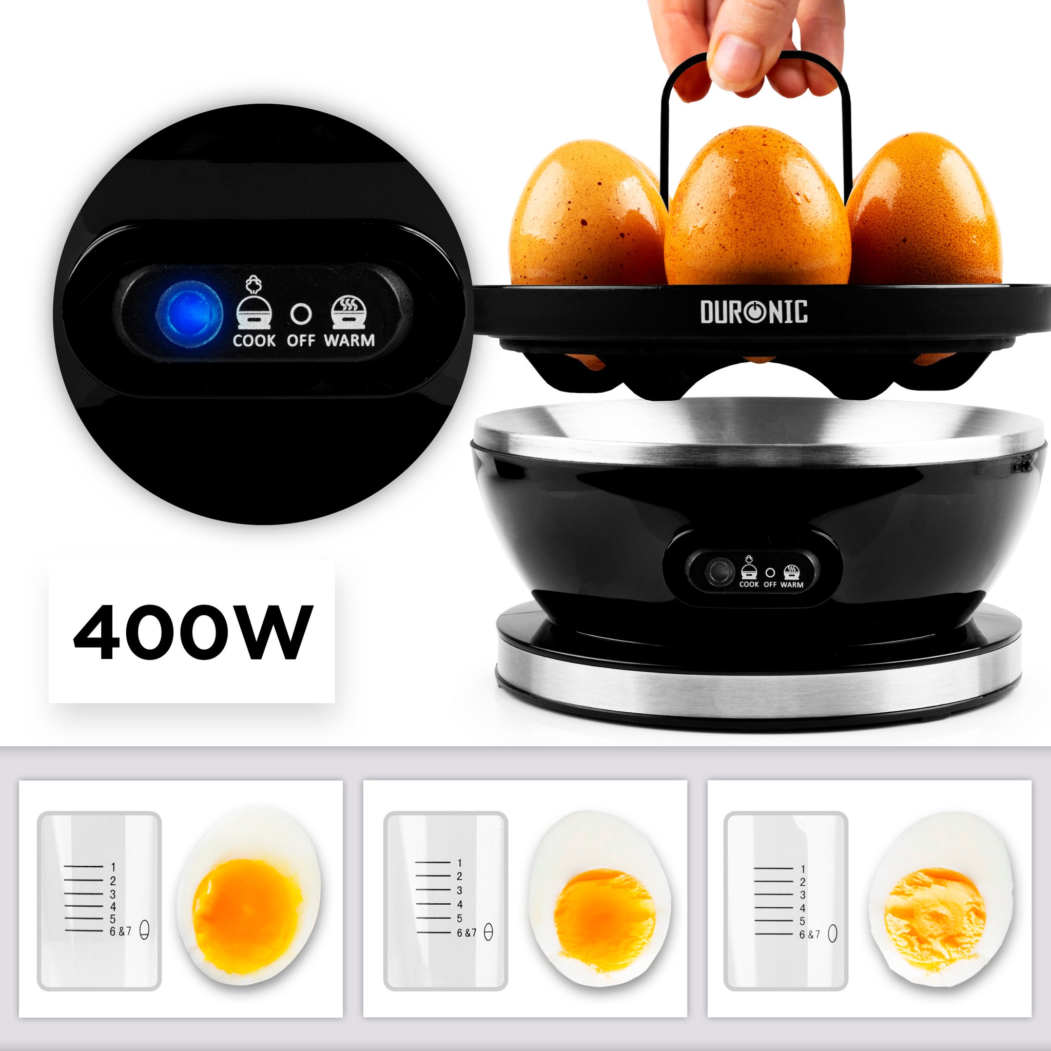 Duronic EB27 BK electric egg boiler with 400W wattage and how to cook soft, medium and hard-boiled eggs