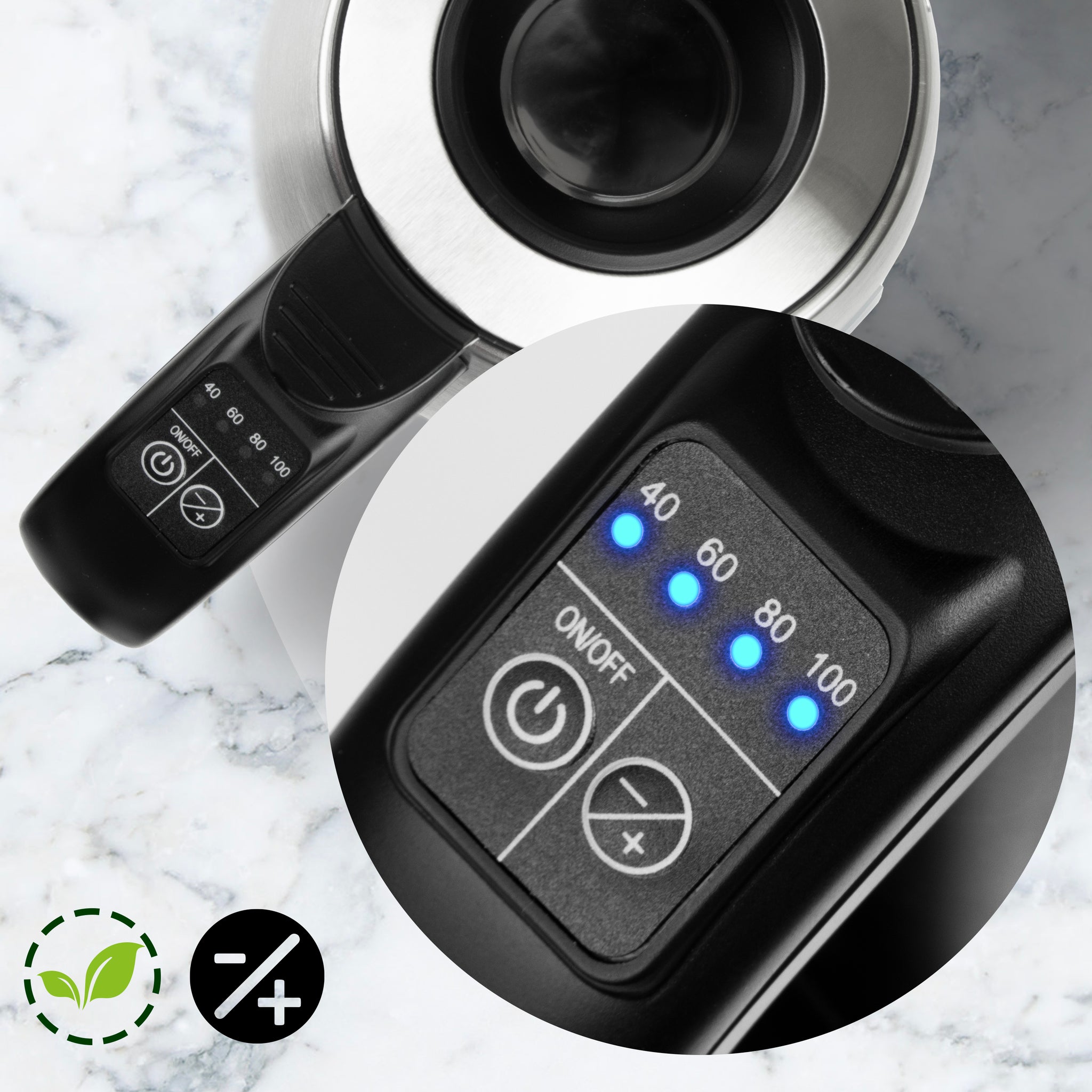 Duronic EK43 stainless steel fast boil kettle showcasing a closeup of the buttons to switch between temperature levels