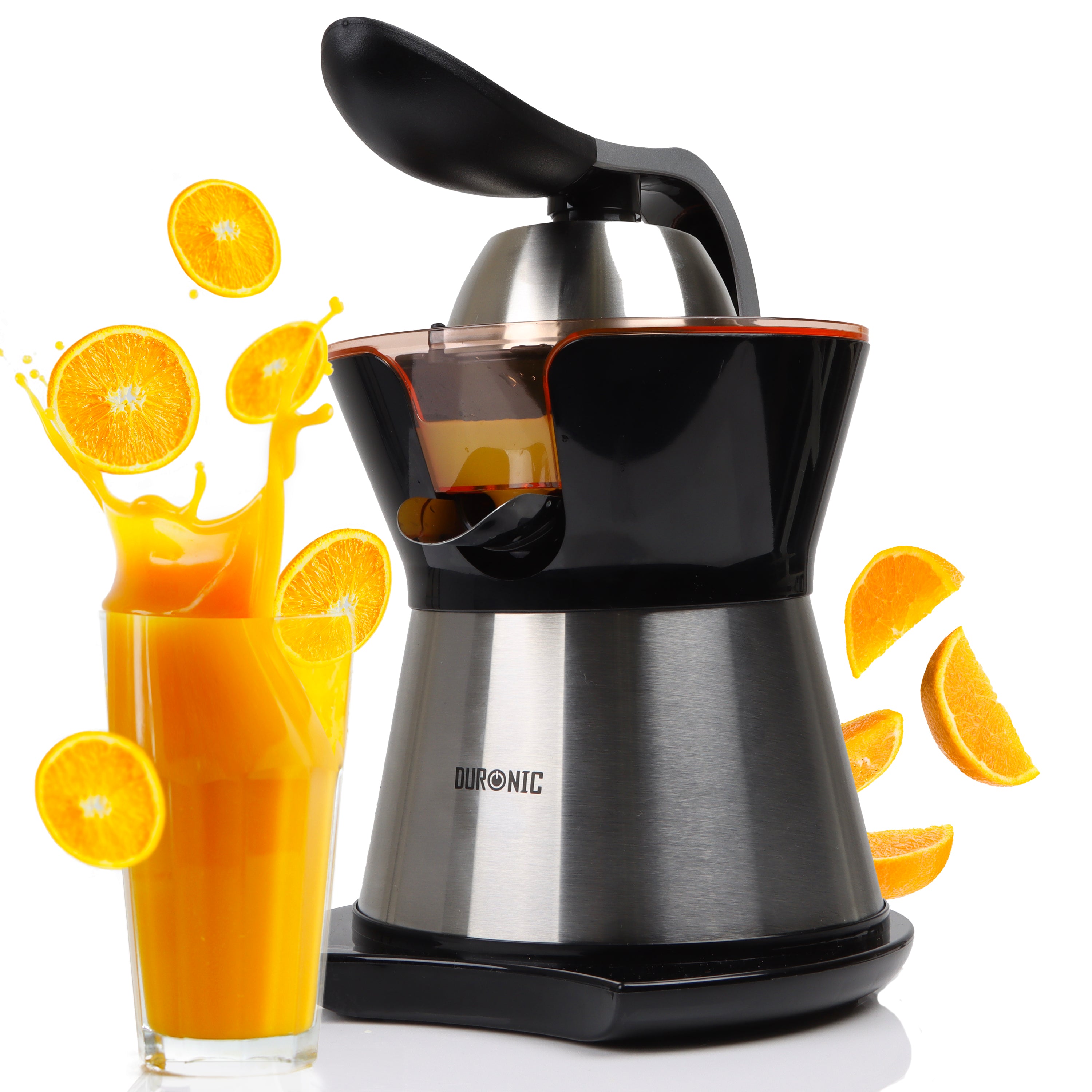 Duronic Electric Citrus Juice with a glass of orange juice