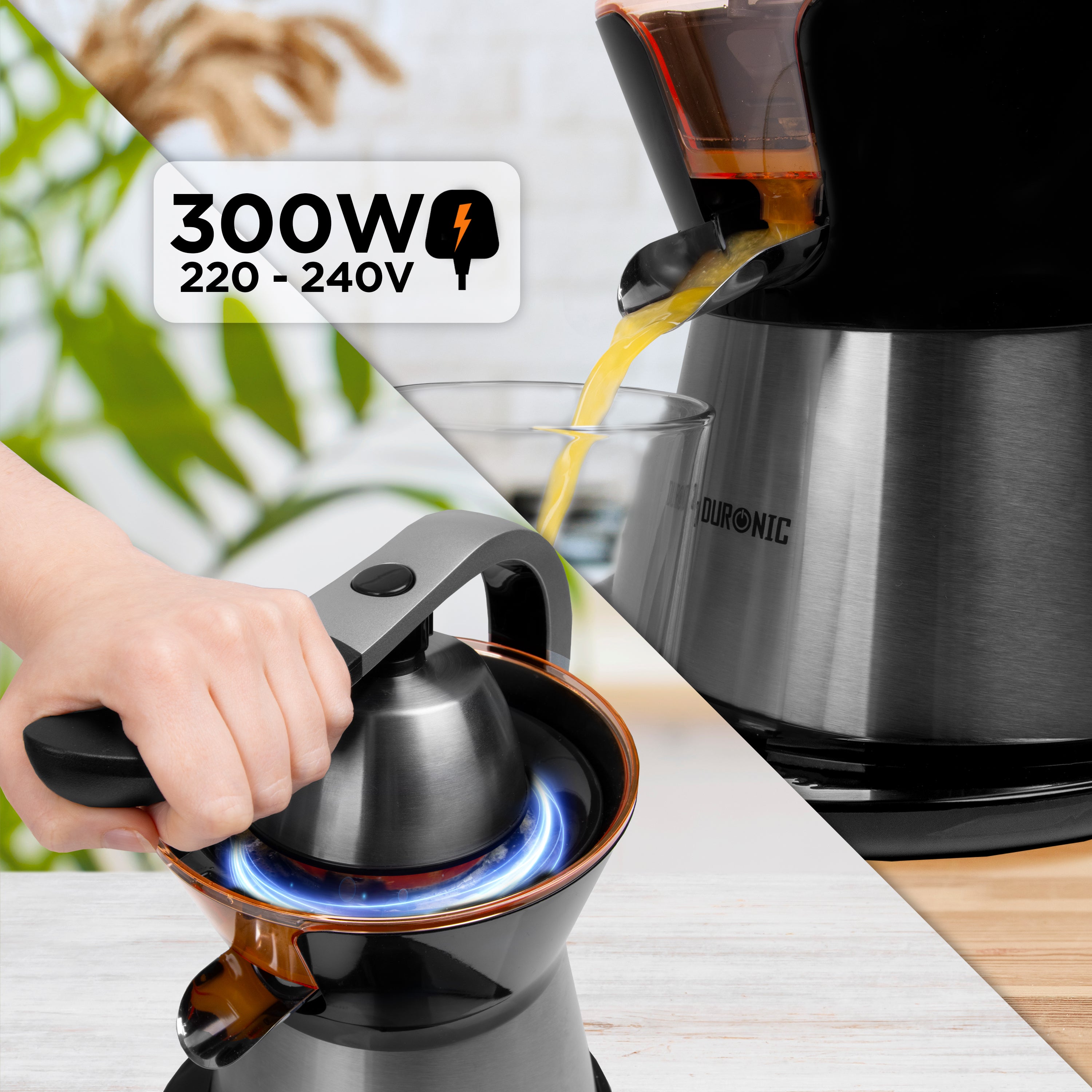 Duronic Electric Citrus Juicer featuring a 300W motor and a handle-press design for effortless juicing.