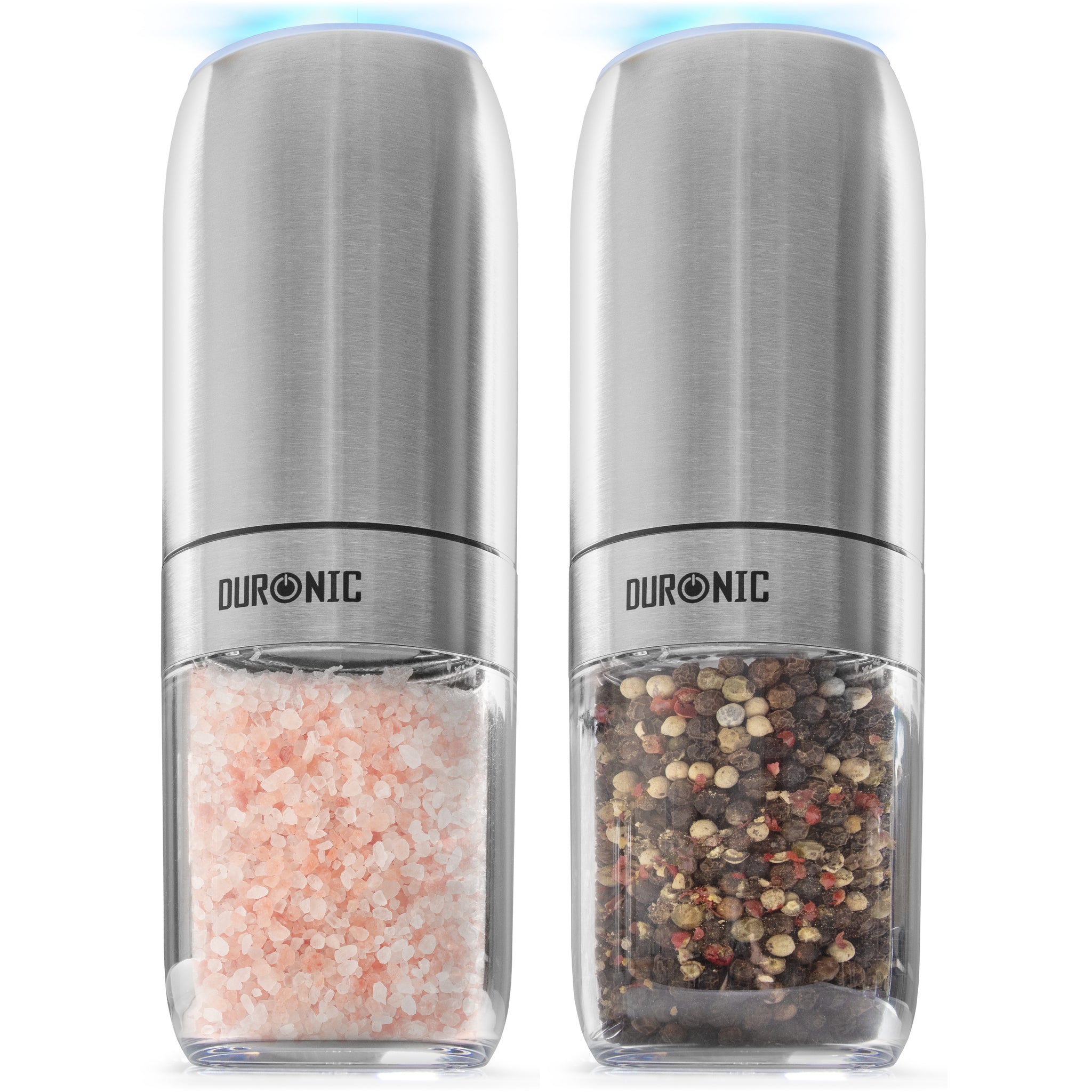 Duronic Electric Salt and Pepper Grinder Set filled with coarse spices.