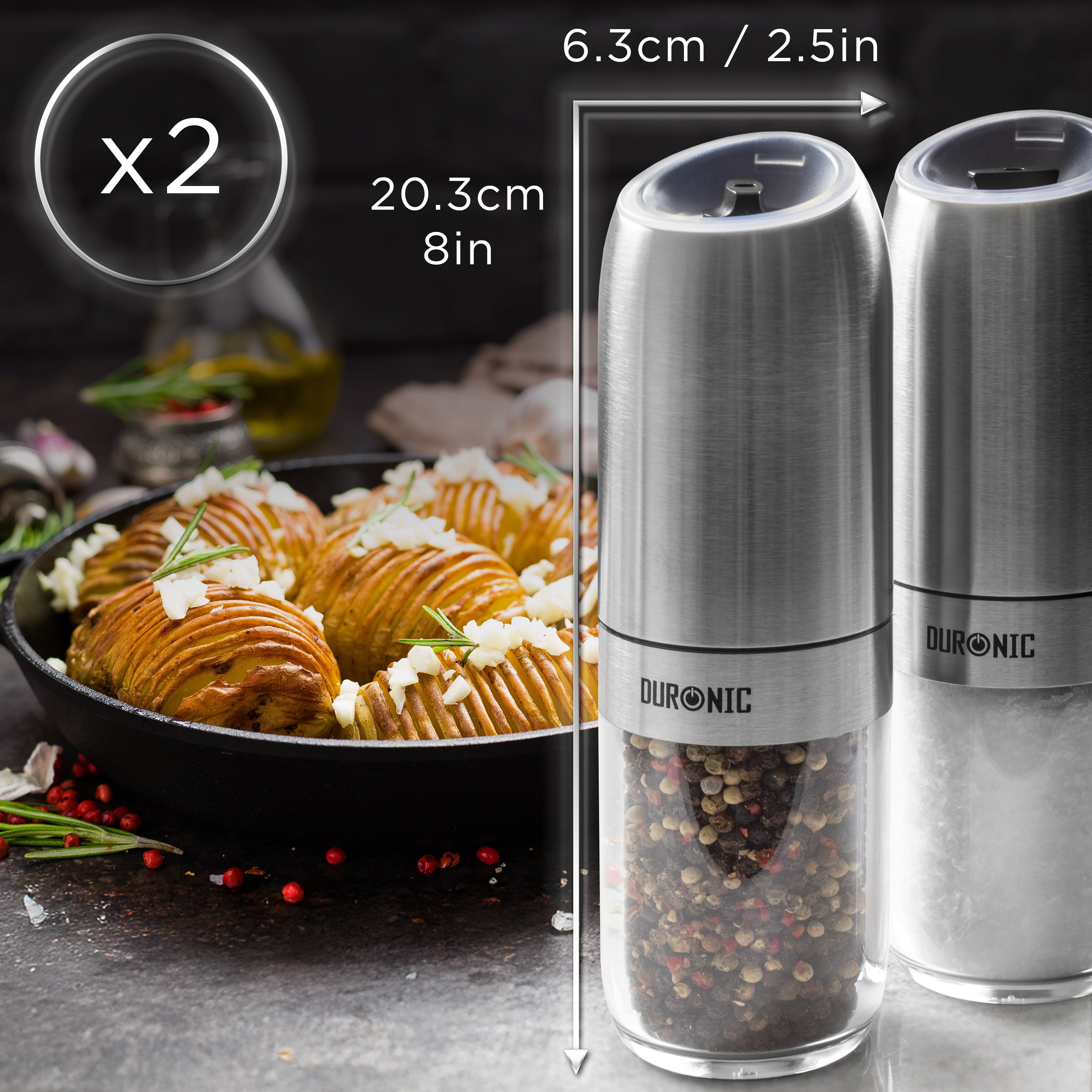 Duronic Electric Salt and Pepper Grinder Set with product dimensions displayed clearly.