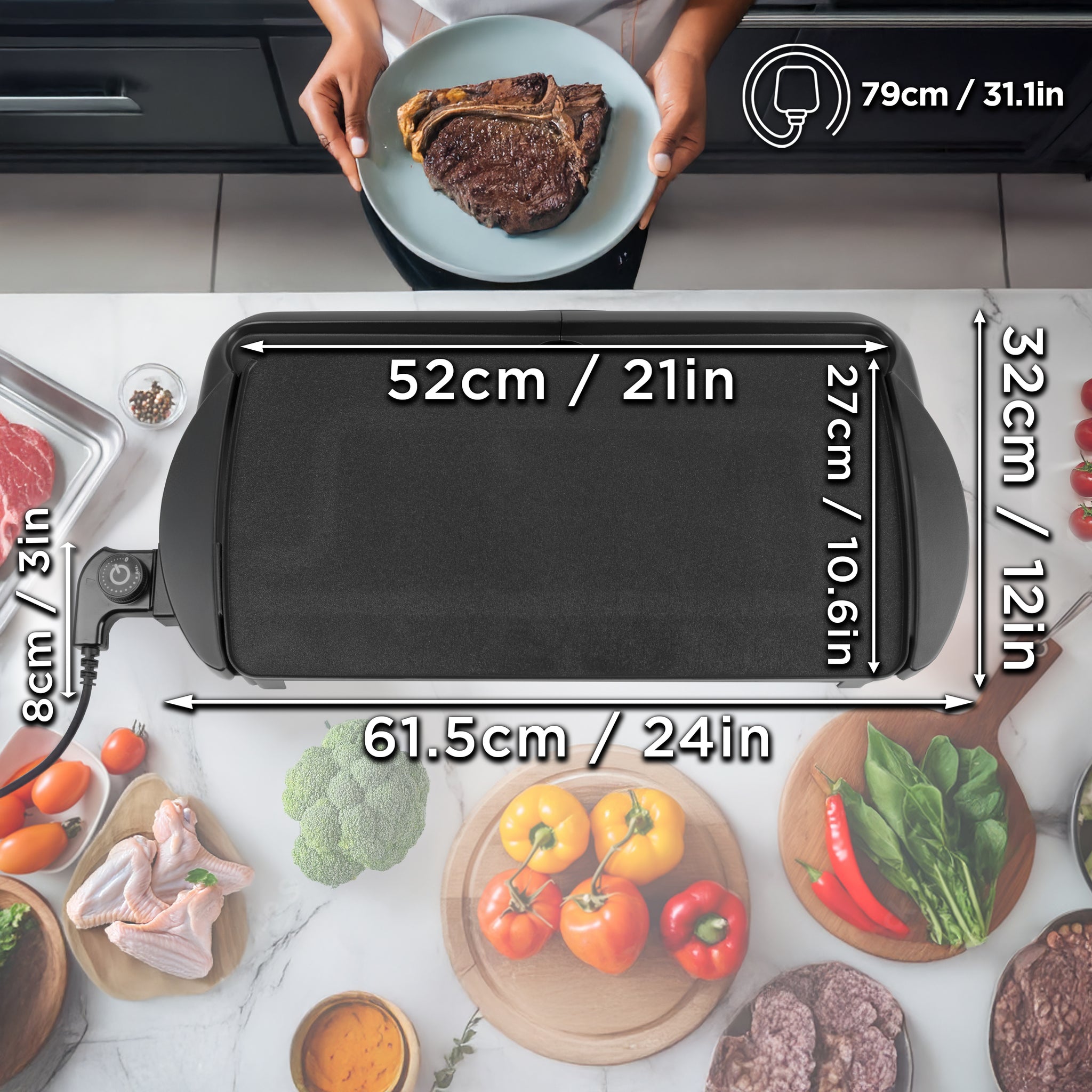 Duronic GP20 electric hot plate dimensions to cook steak grilled meats vegetables