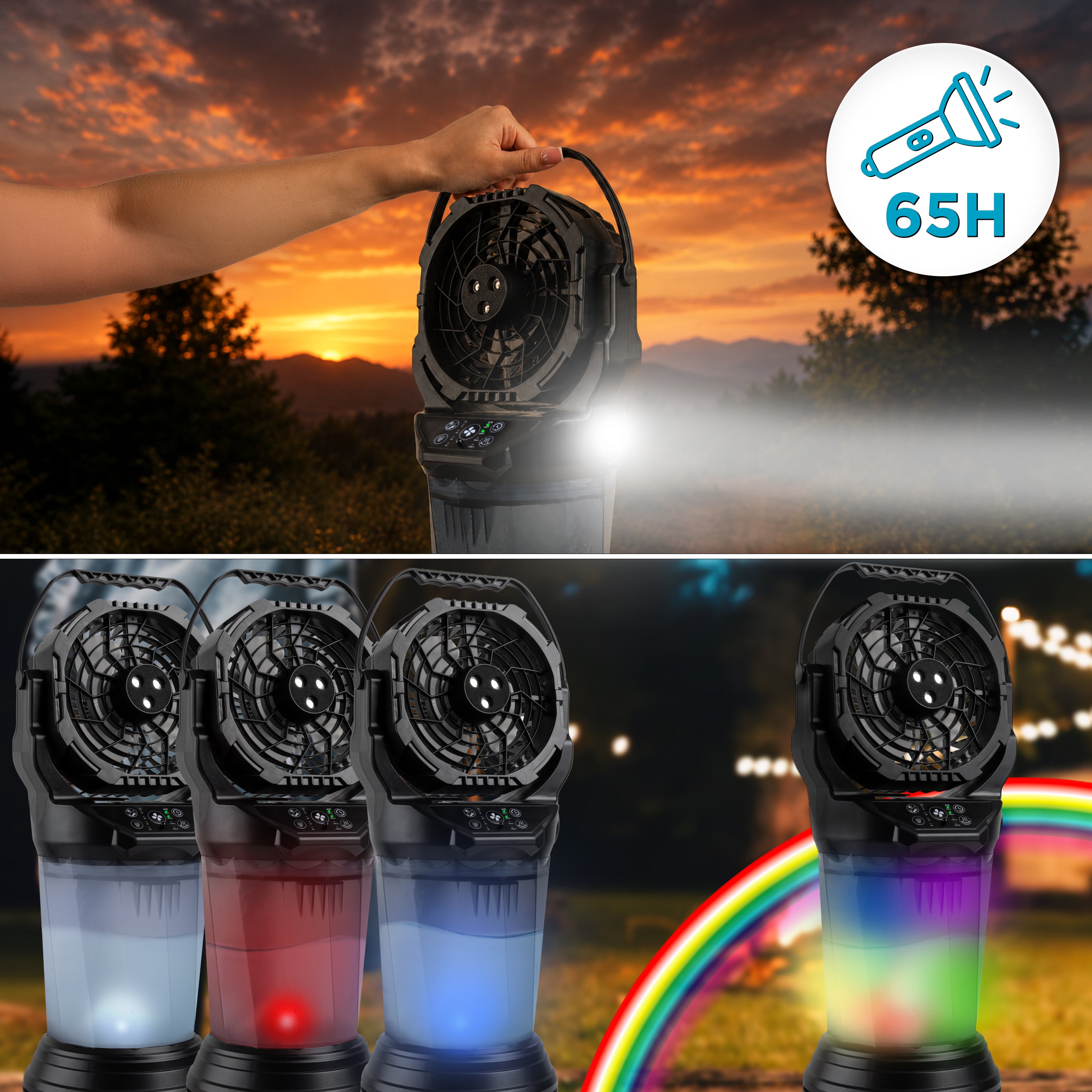 Duronic Handheld Misting Fan with bright sixty five hour flashlight and customizable multicolor LED lights