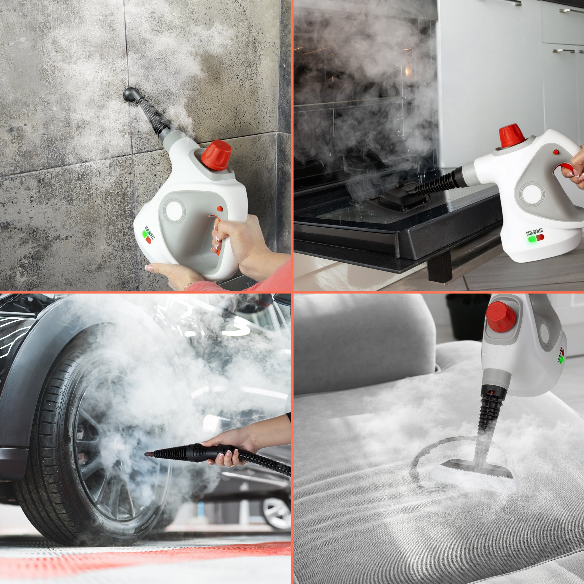 Duronic Handheld Steam Cleaner used for deep cleaning tile grout, oven interiors, car wheels, and upholstery.