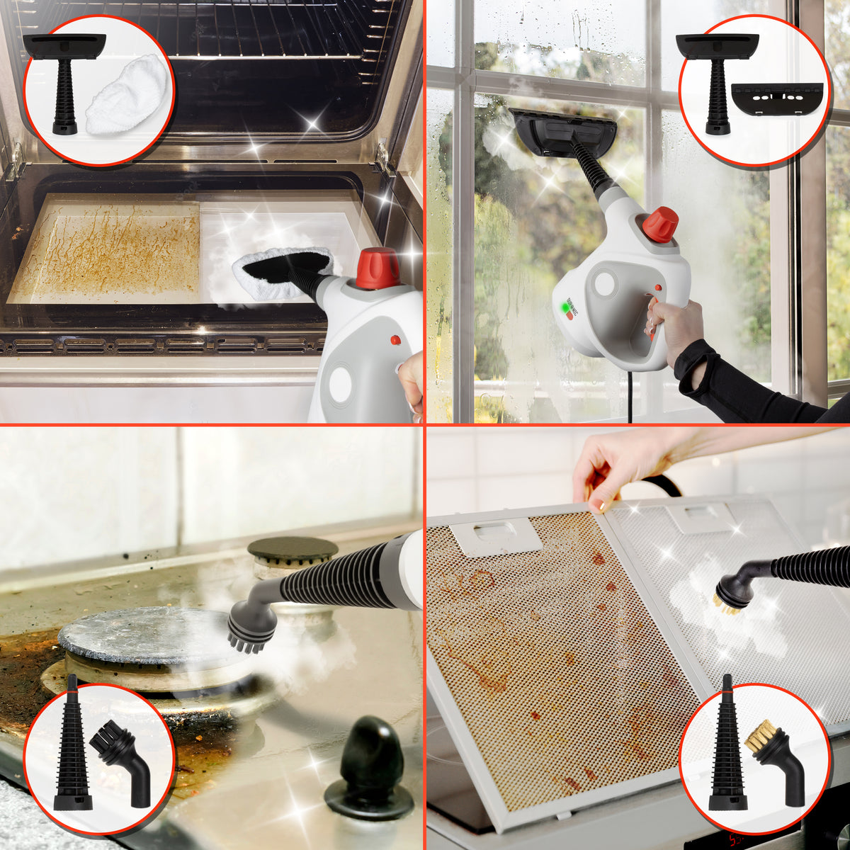 Duronic Handheld Steam Cleaner with nozzle attachments cleaning grease off ovens, stovetops, filters, and glass windows.