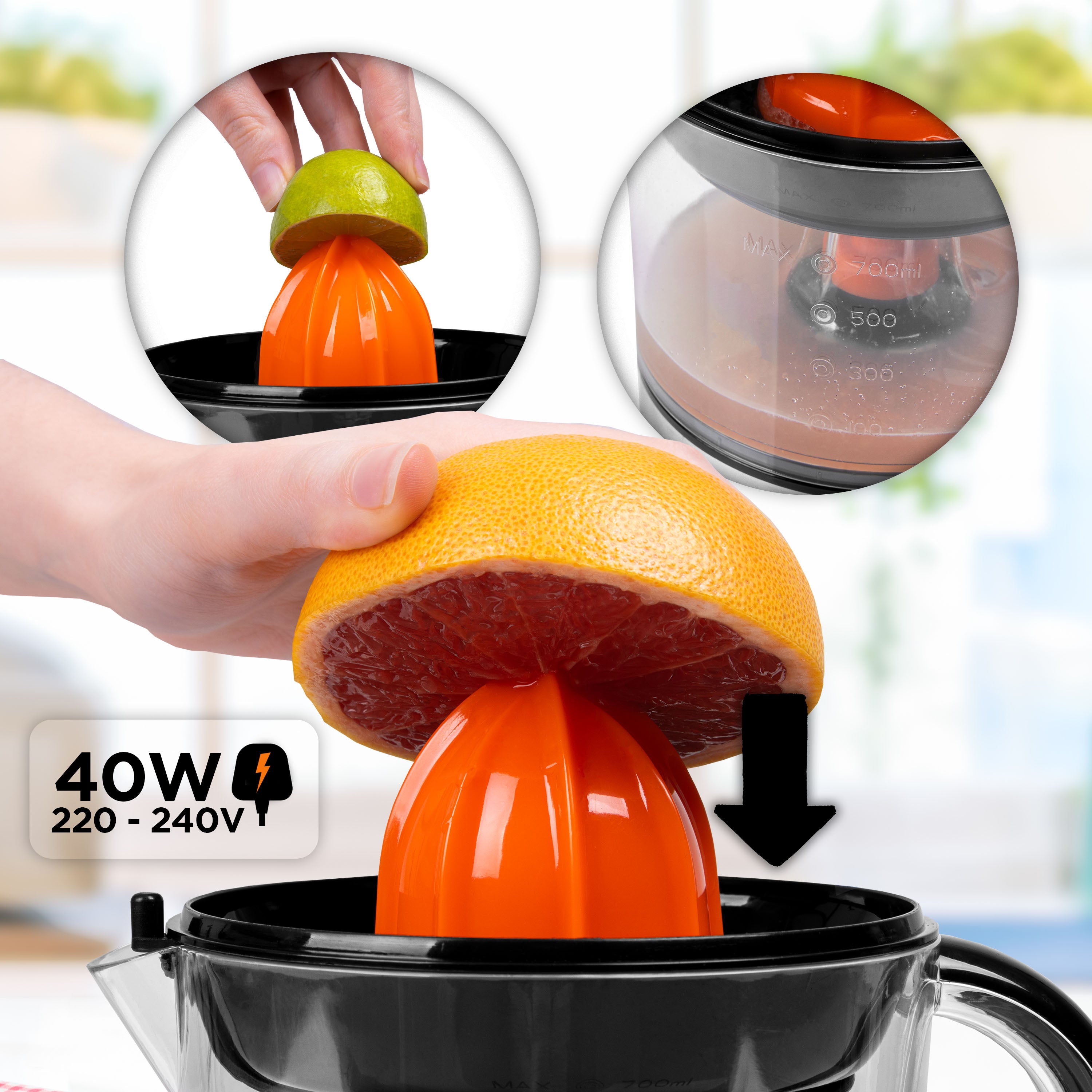 Duronic JE407 electric citrus press juicing lime and grapefruit juice wattage 40W