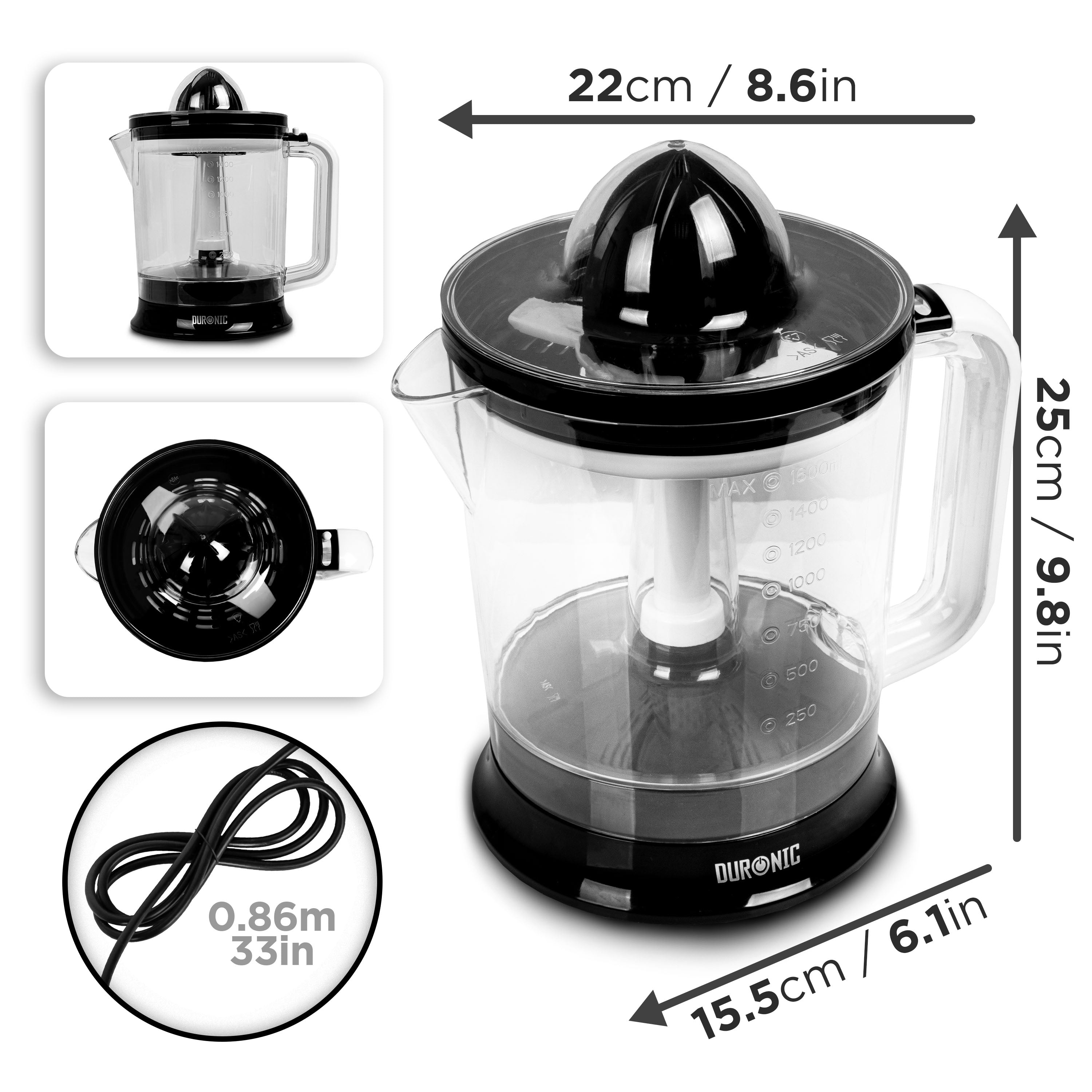Duronic JE416 citrus juicer dimensions with overview of the juicer's jug