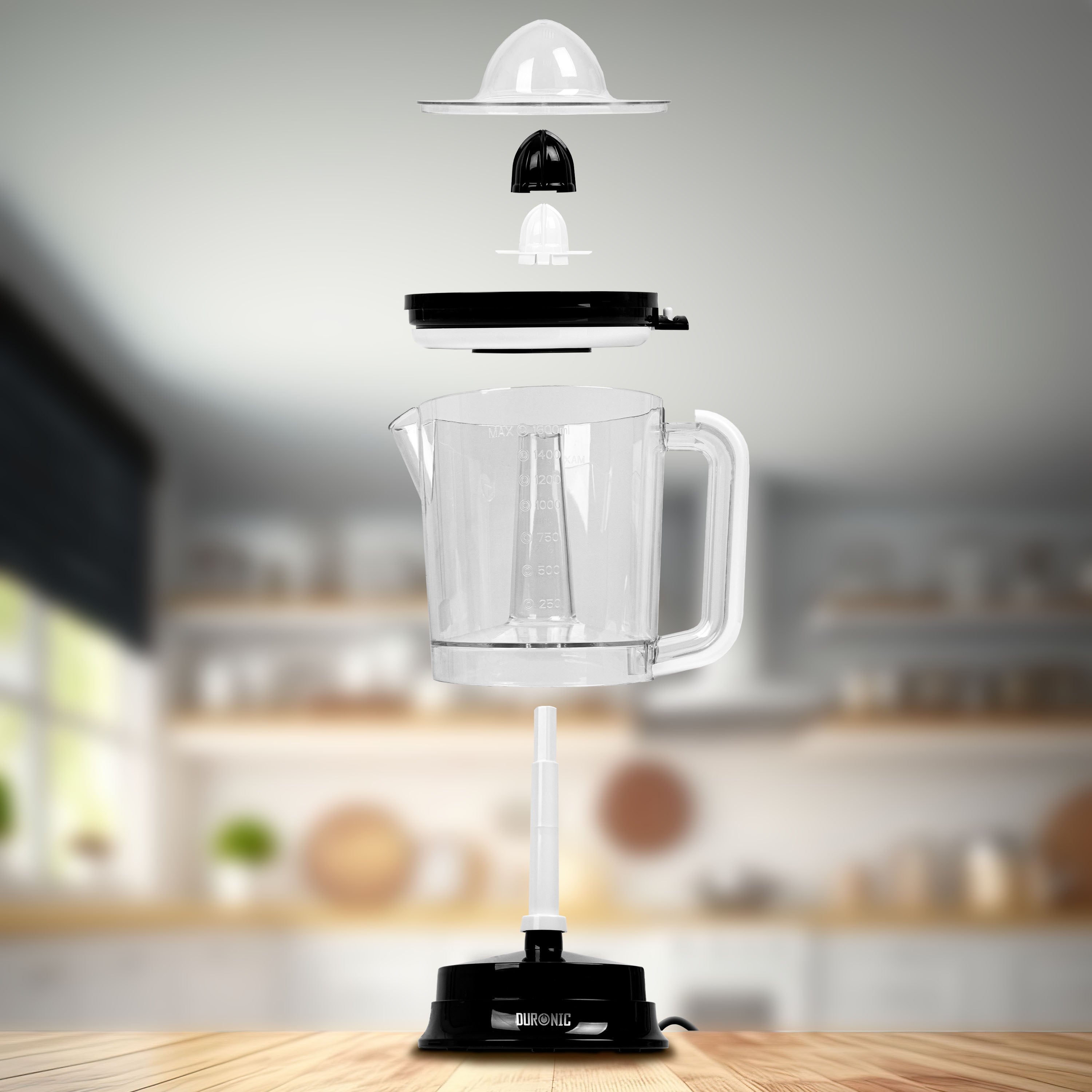 Duronic JE416 electric citrus juicer deconstructed to show each individual part